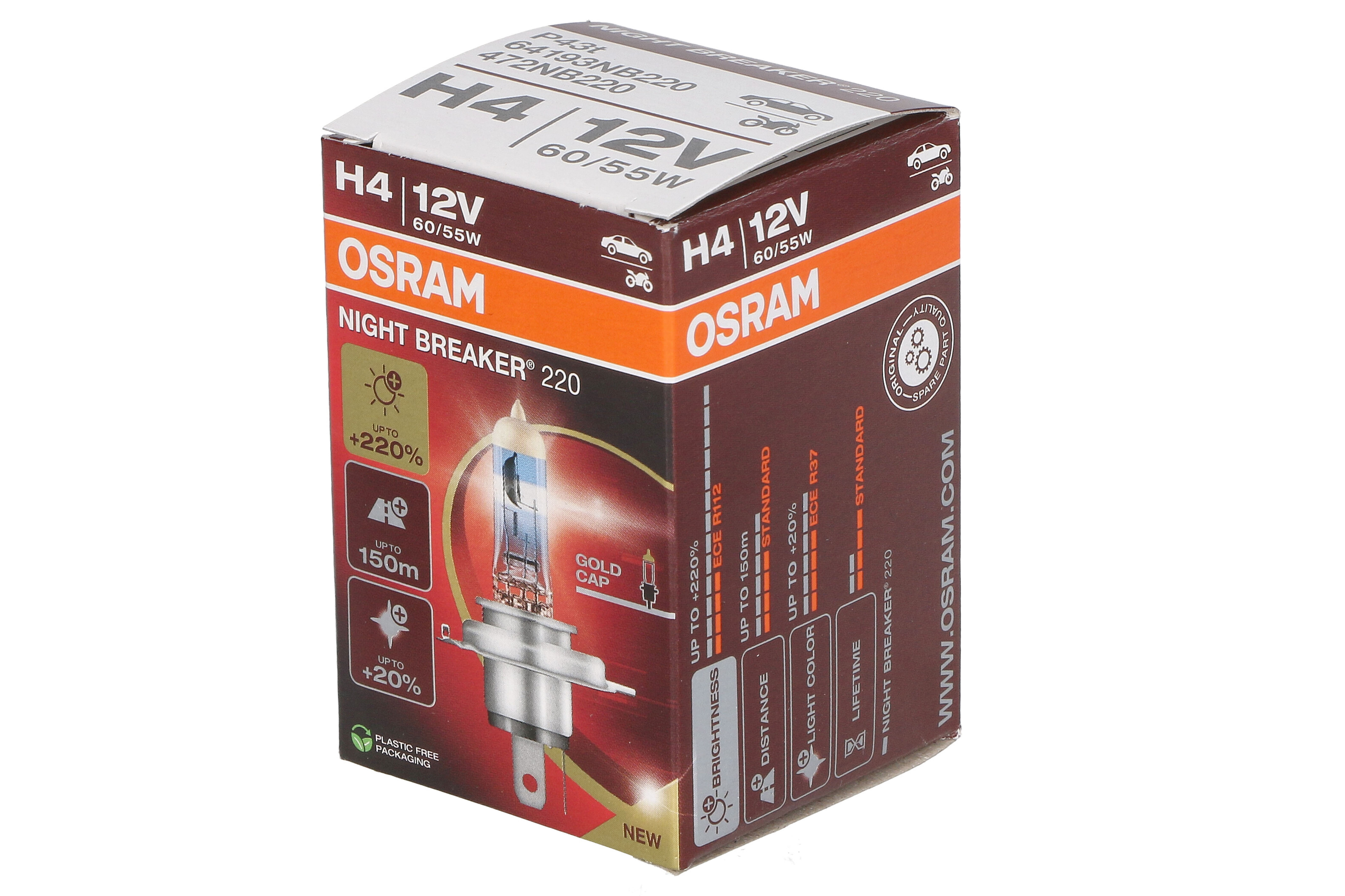 Автолампа галогенова 60/55W H4 12V 60/55W 4050K P43T / NIGHT BREAKER® 220 - НА 220% БІЛЬШЕ СВ OSRAM (64193NB220) osram фото 4