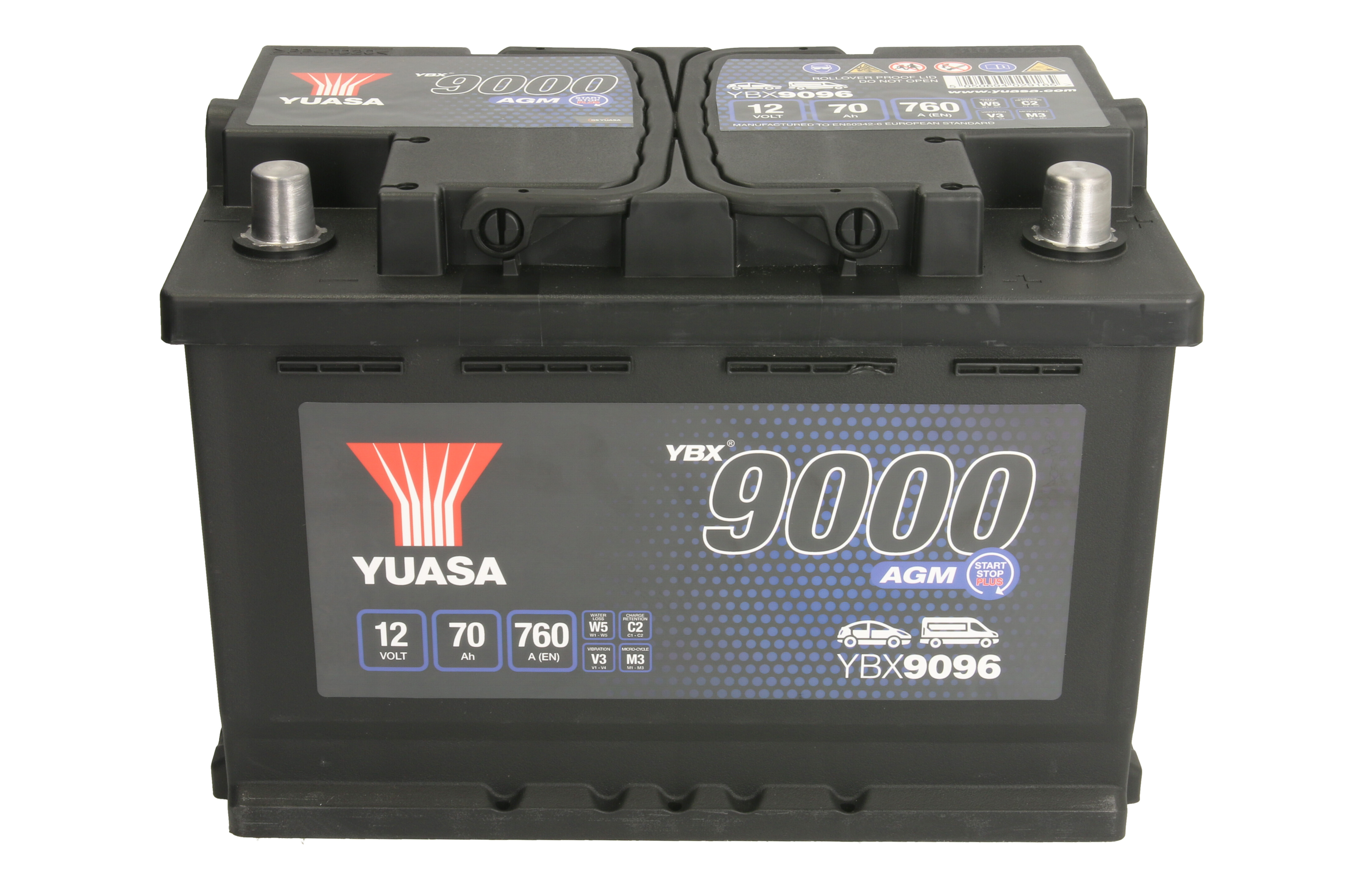 Акумулятор YUASA 12В 70Агод./760А START&STOP AGM, YBX9000 AGM Start Stop Plus (R+ стандартні клеми) 278x175x190 (пусковий/agm) фото 3