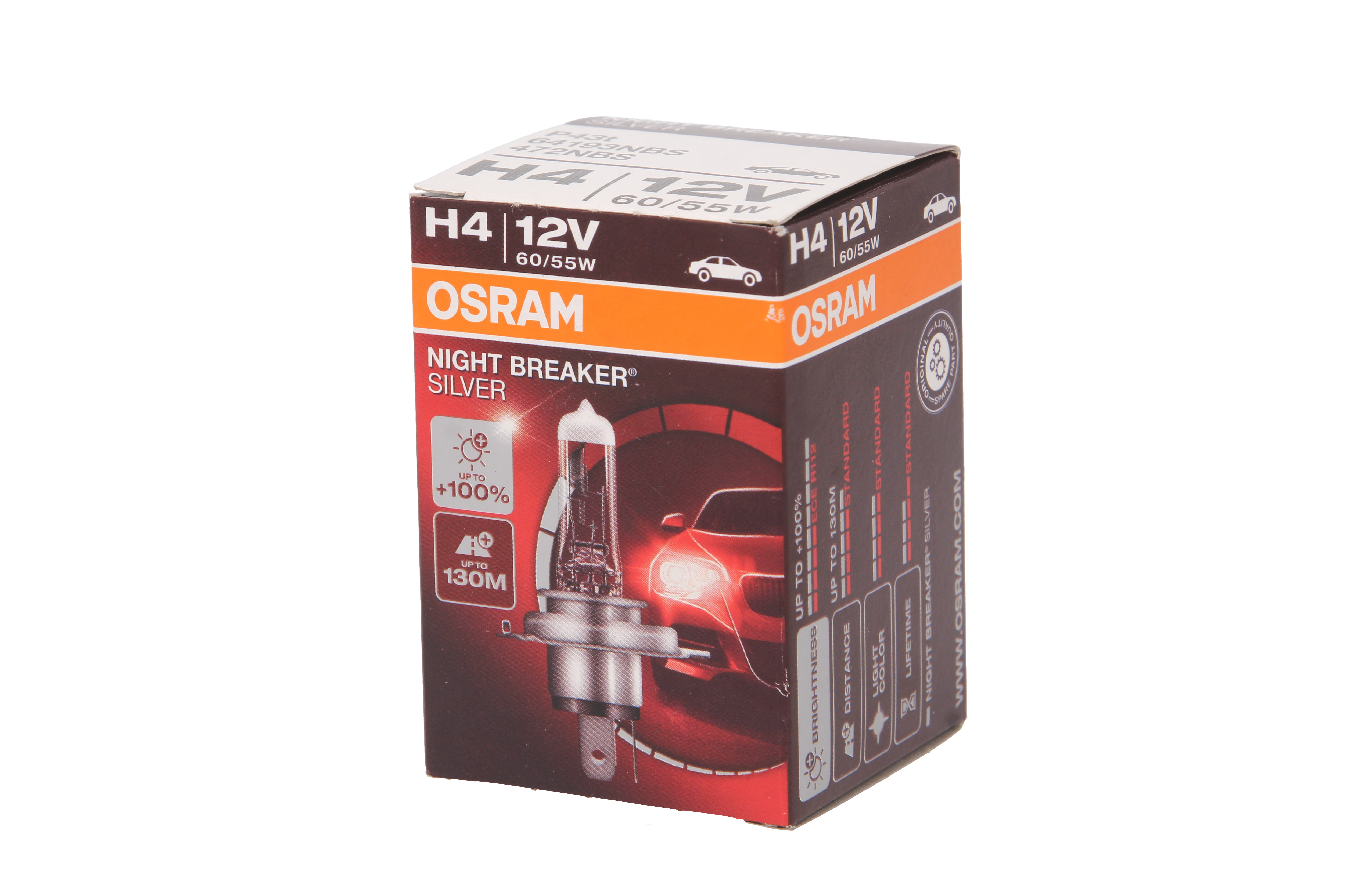 Автолампа галогенова 60/55W H4 12V 60/55W P43T / NIGHT BREAKER® SILVER - НА 100% БІЛЬШЕ СВІТЛ OSRAM (64193NBS) osram фото 3