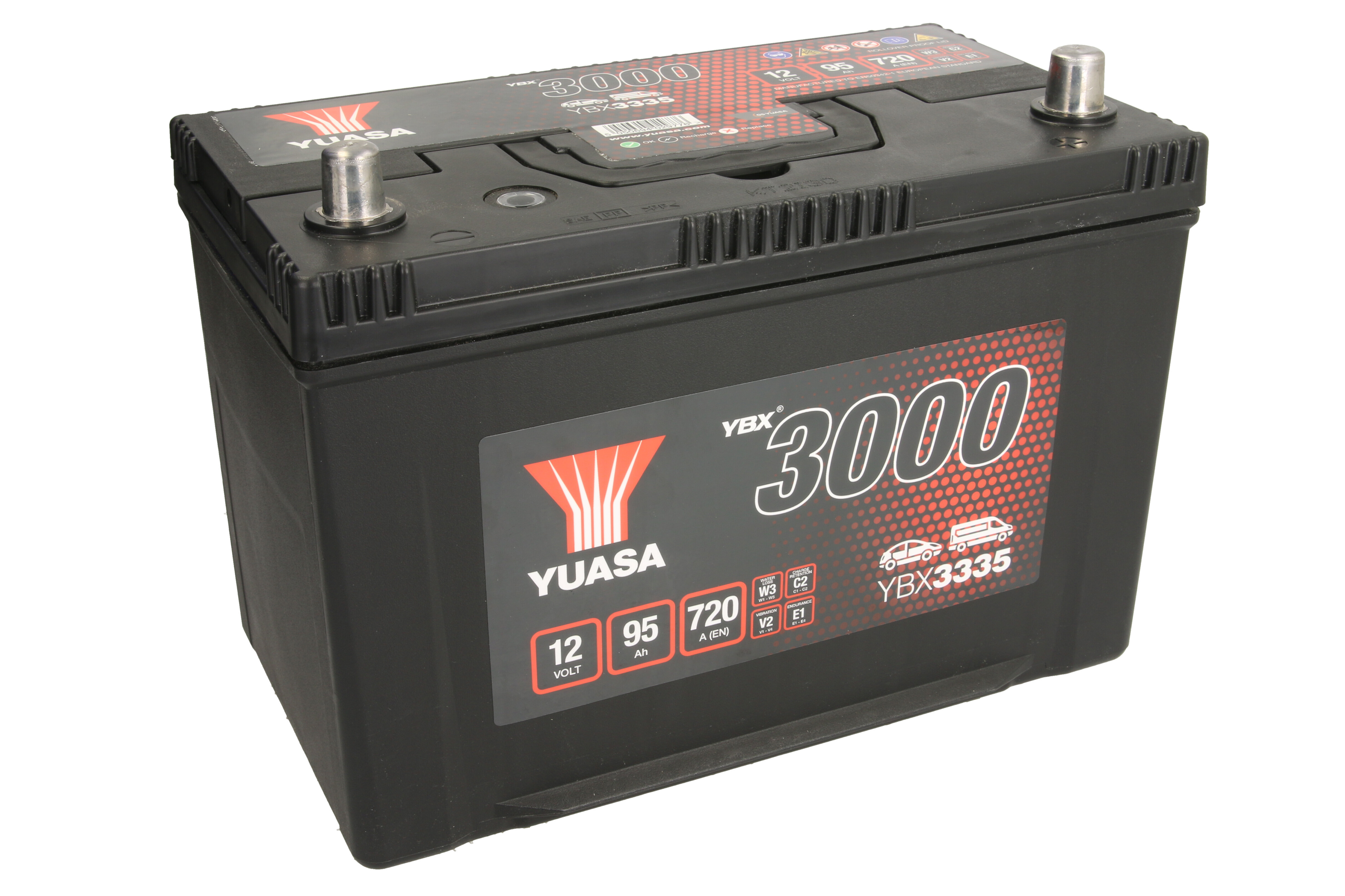 Акумулятор YUASA 12В 95Агод./720А YBX3000 SMF (R+ стандартні клеми) 303x174x225 (пусковий) фото 2