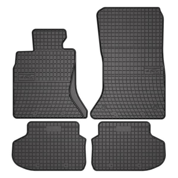 Set 5 covorase auto BMW Seria 5 Touring (F11) din 2014-2019, cu covoras tunel median, cauciuc, 4x Stickere auto cu BMW