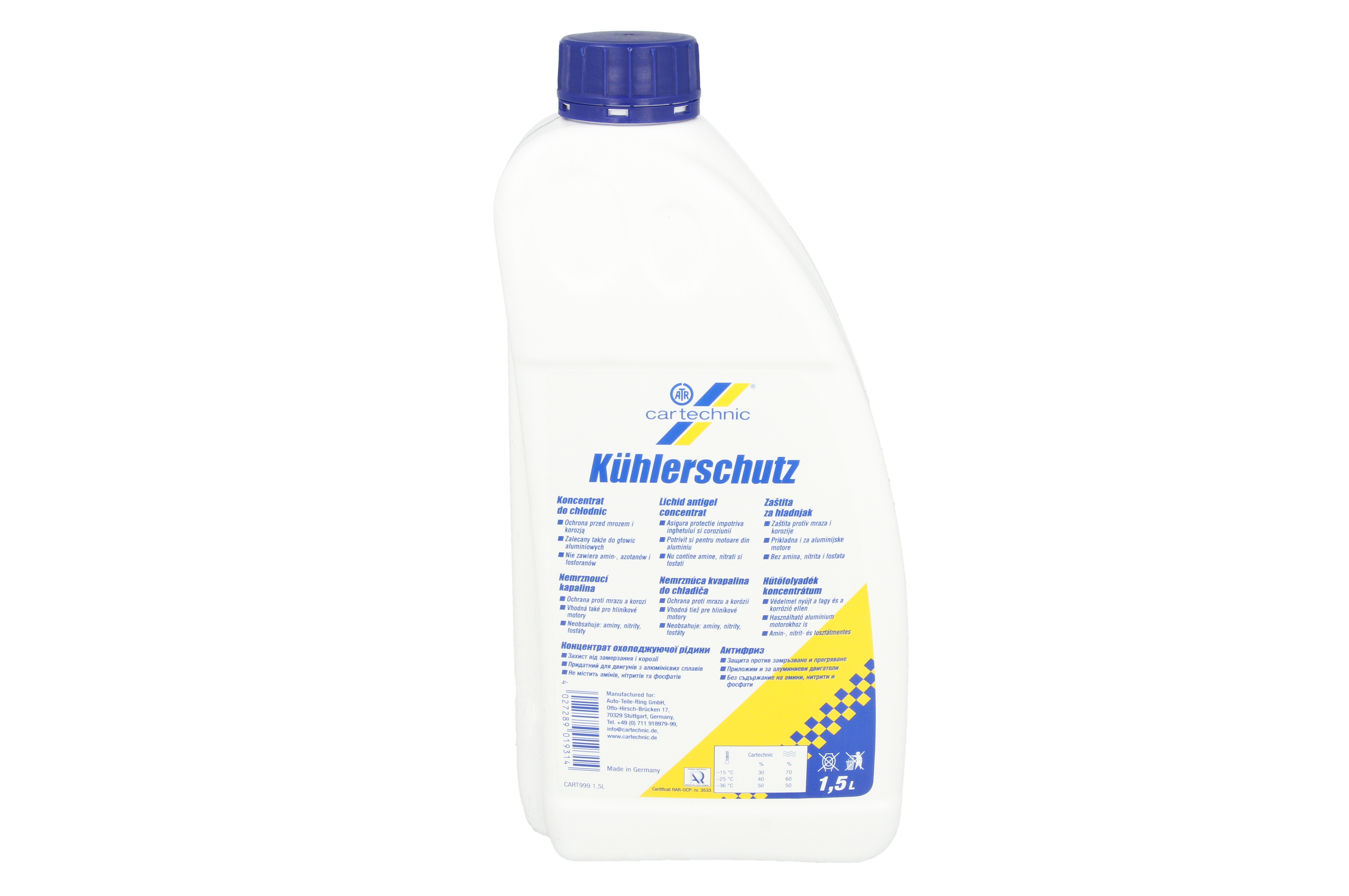Концентрат антифризу (тип охолоджувача G11/G48) (1,5L, 1:1=-36°C), синій, стандартний: AFNOR NF R 15-601 TYPE 1, AS 2108, ASTM D3306, ASTM D4985, BS 6580, CUNA NC 956-16, JIS K 2234, ÖNORM V5123, SAE фото 3
