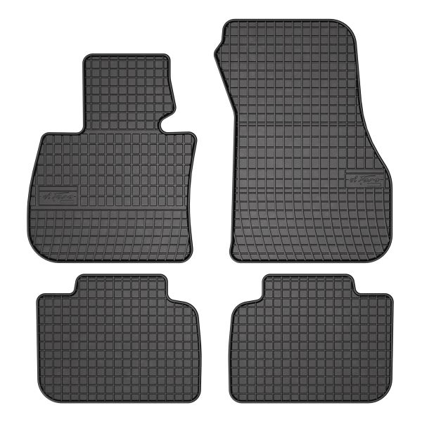 Set 5 covorase auto BMW Seria X1 (F48) din 2014-2022, cu covoras tunel median, cauciuc, 4x Stickere auto cu BMW