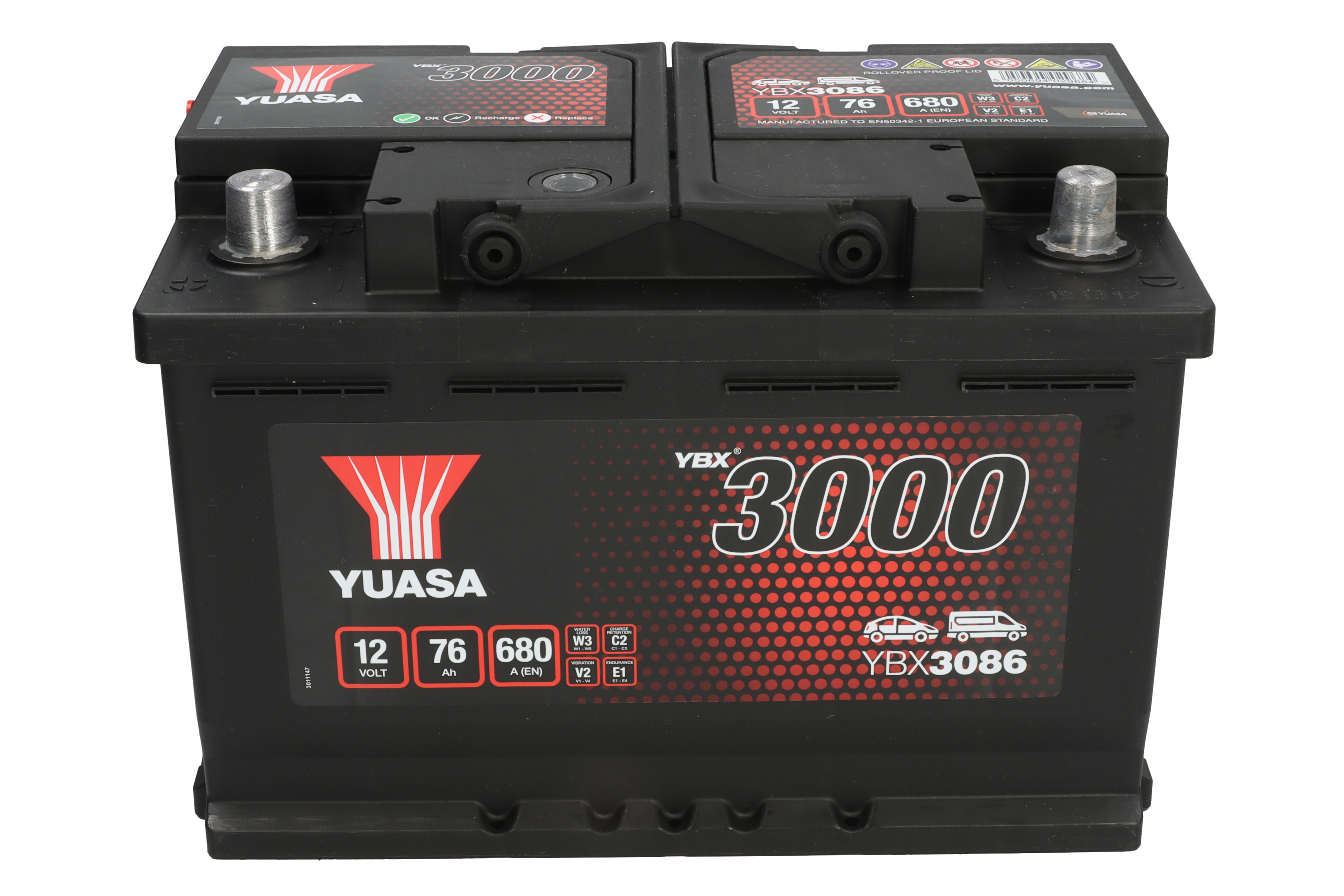 Акумулятор YUASA 12В 76Агод./680А YBX3000 SMF (L+ стандартні клеми) 278x175x190 (пусковий) фото 3