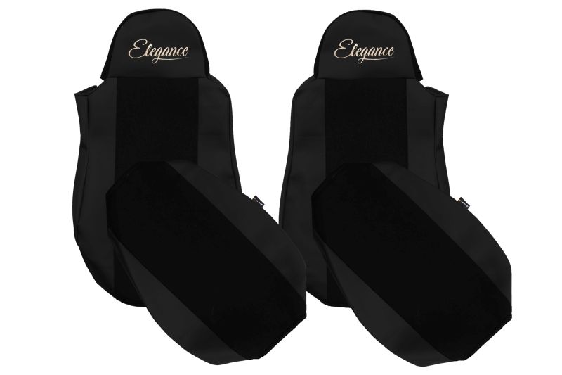 Set Huse Scaune Camion Tir DAF ACTROS MP4 / MP5 din 2011-2024, Auto, Model ELEGANCE S, Culoare Negru, 4x Stickere auto cu DAF