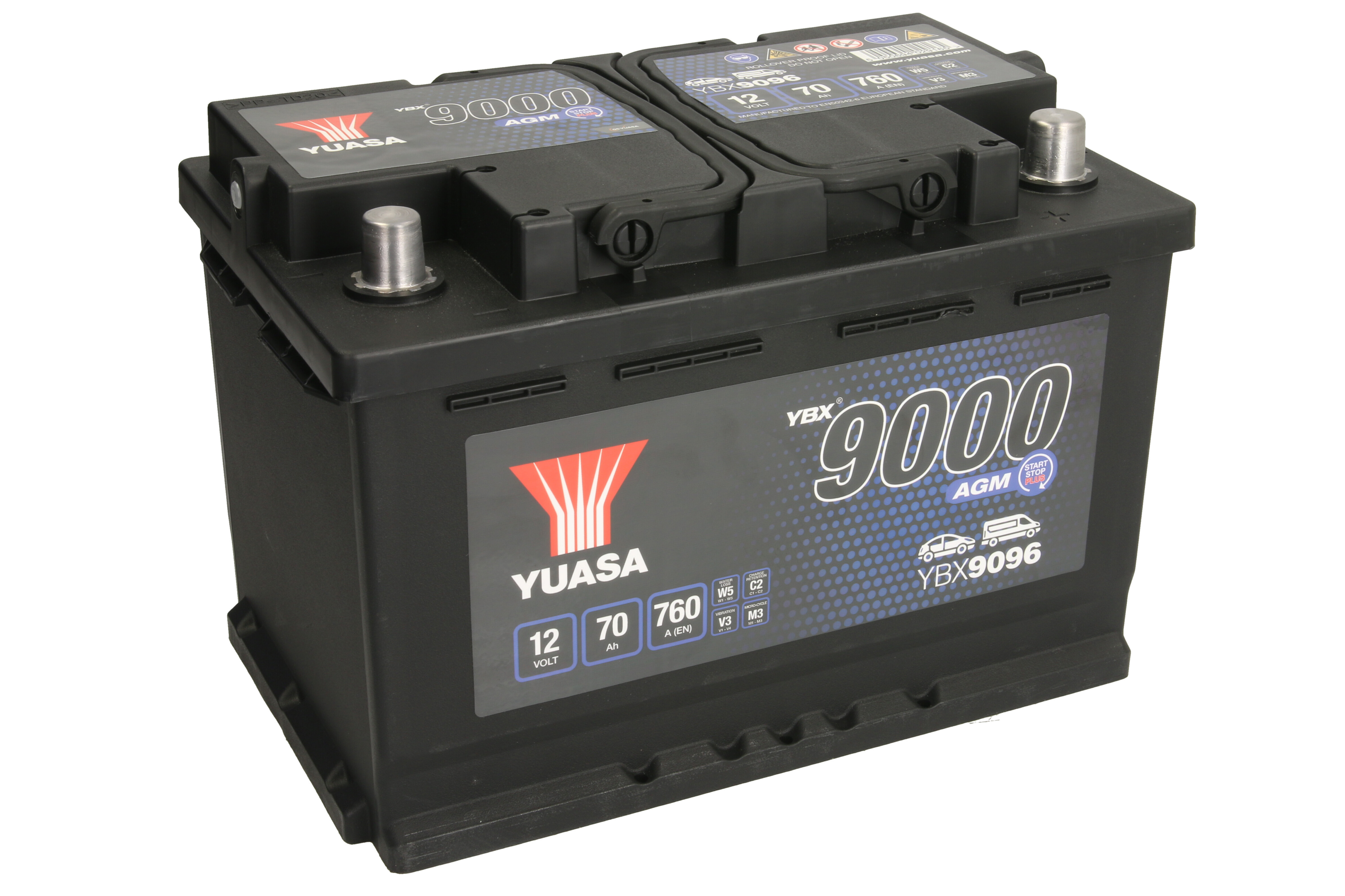 Акумулятор YUASA 12В 70Агод./760А START&STOP AGM, YBX9000 AGM Start Stop Plus (R+ стандартні клеми) 278x175x190 (пусковий/agm) фото 2