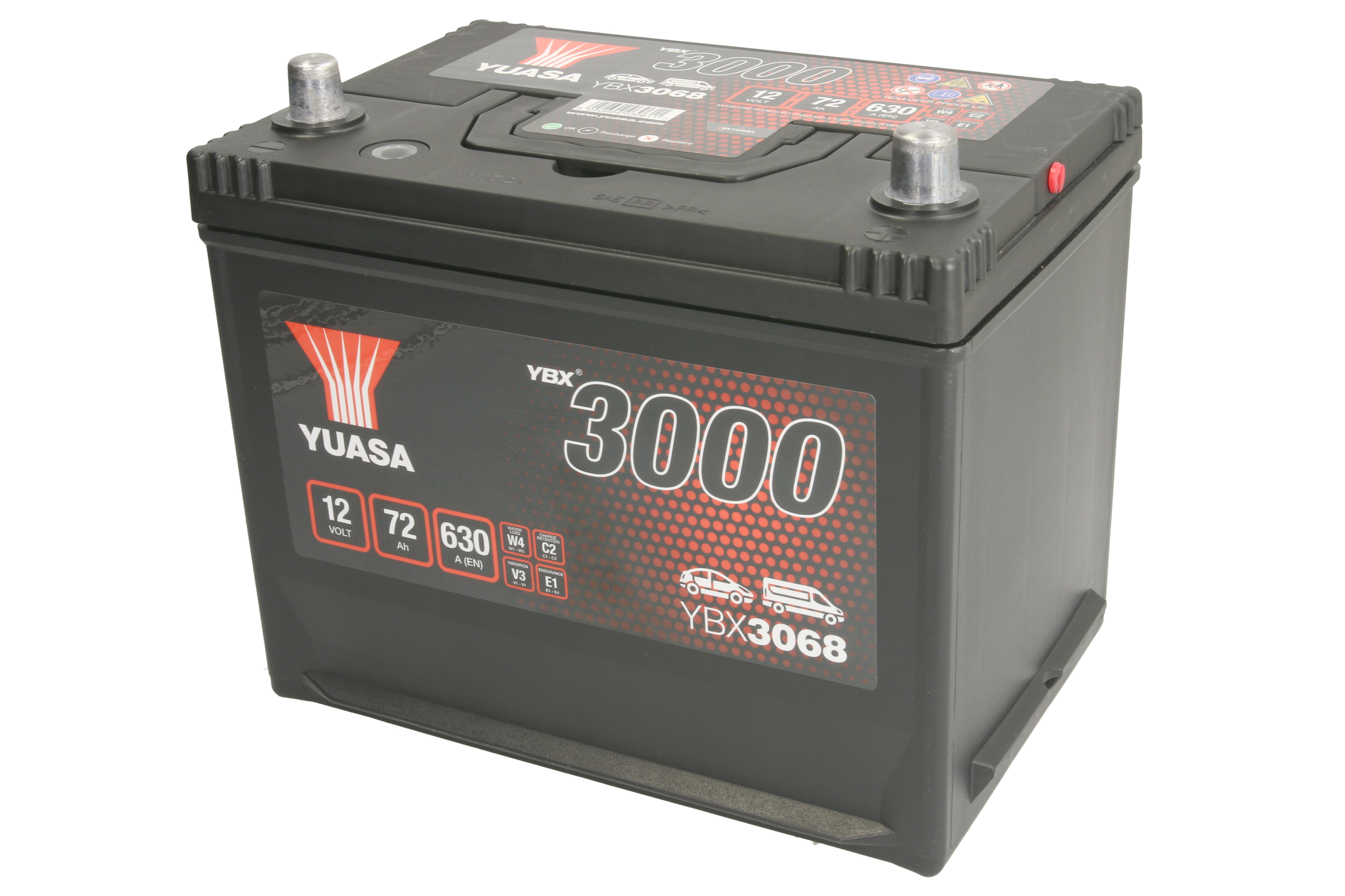Акумулятор YUASA 12В 72Агод./630А YBX3000 SMF (R+ стандартні клеми) 269x174x223 B9 - монтажний фланець 29мм (пусковий)