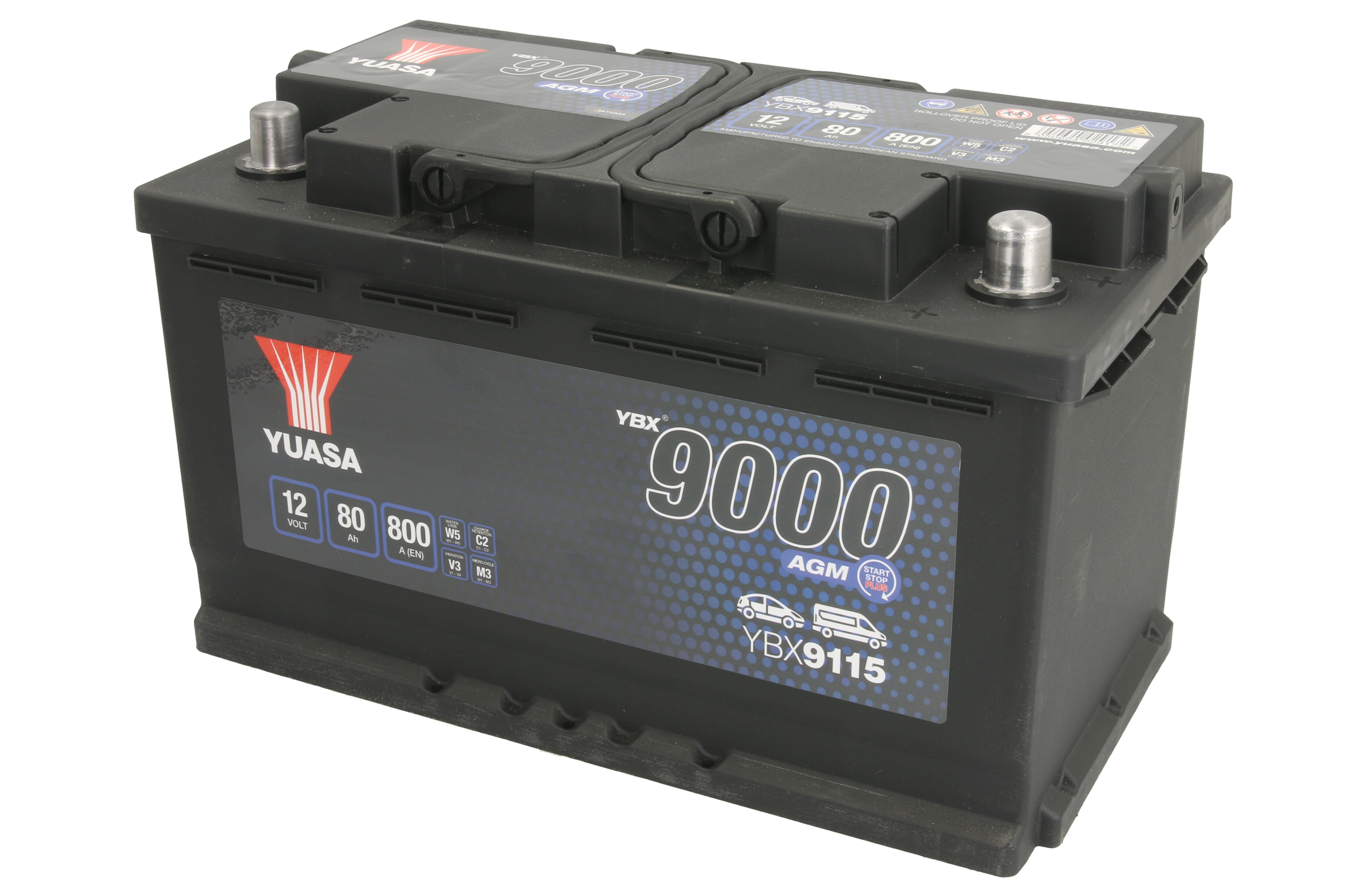 Акумулятор YUASA 12В 80Агод./800А START&STOP AGM, YBX9000 AGM Start Stop Plus (R+ стандартні клеми) 317x175x190 (пусковий/agm)