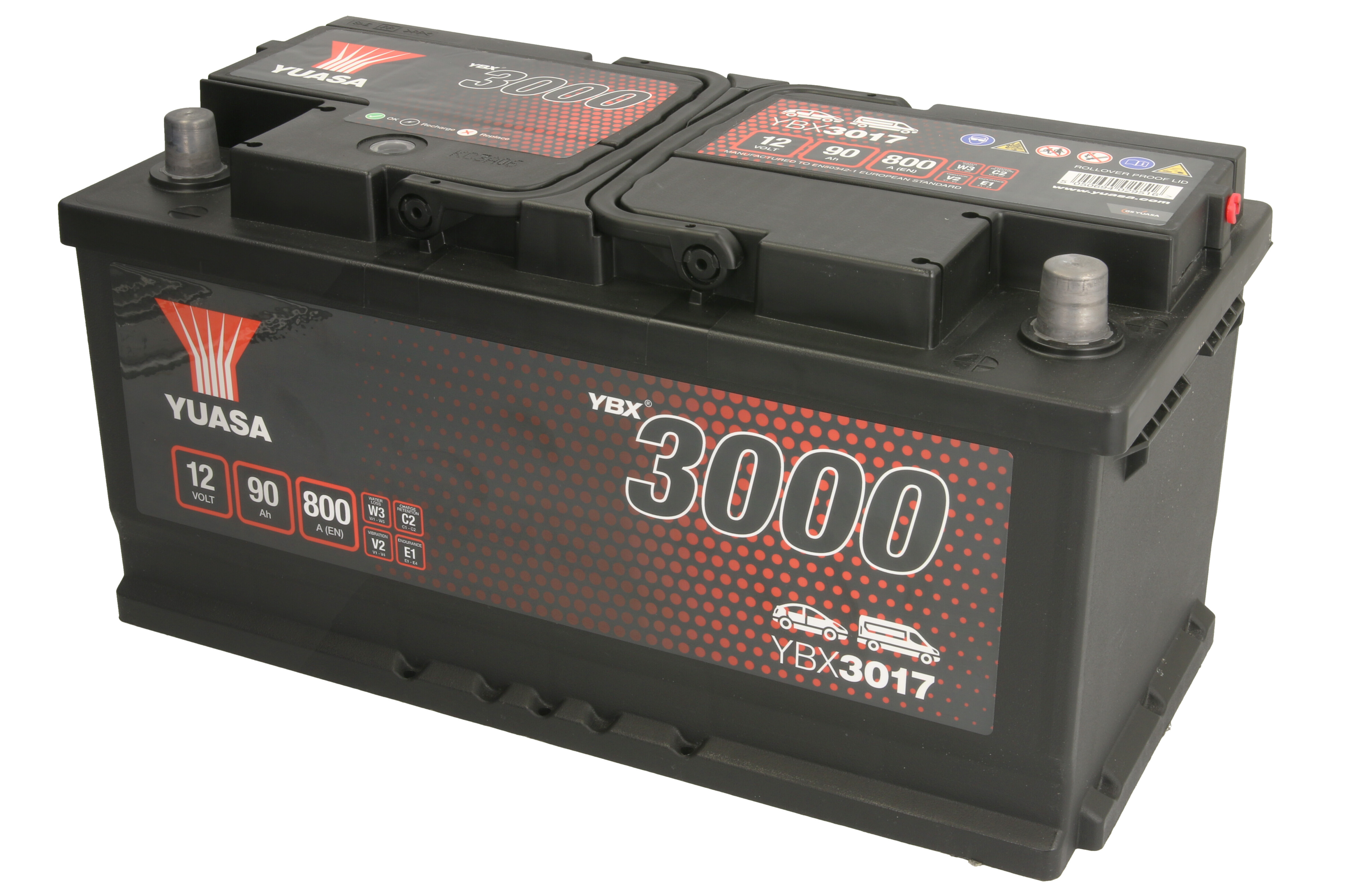 Акумулятор YUASA 12В 90Агод./800А YBX3000 SMF (R+ стандартні клеми) 353x175x175 (пусковий)
