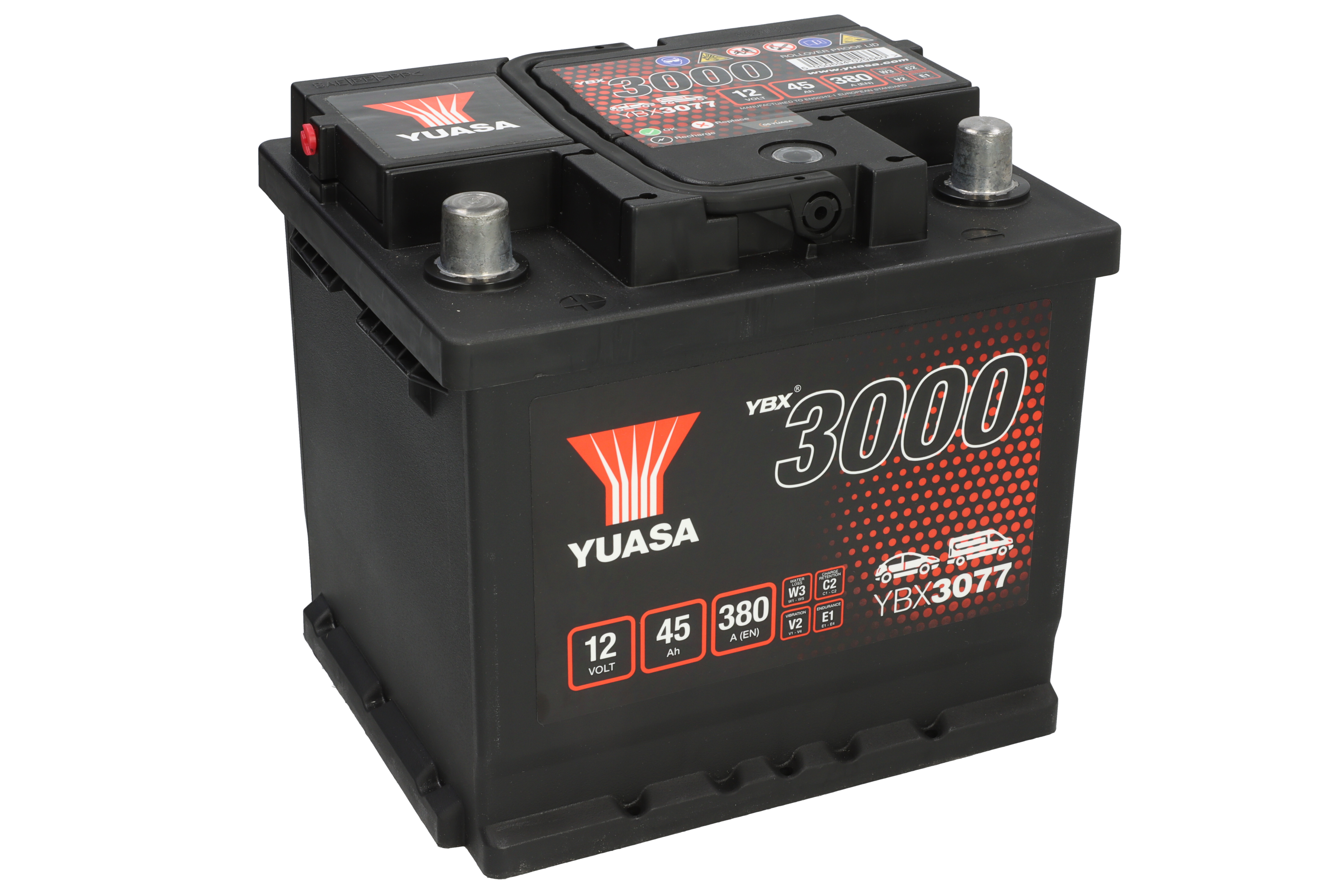 Акумулятор YUASA 12В 45Агод./380А YBX3000 SMF (L+ стандартні клеми) 207x175x190 (пусковий) фото 2