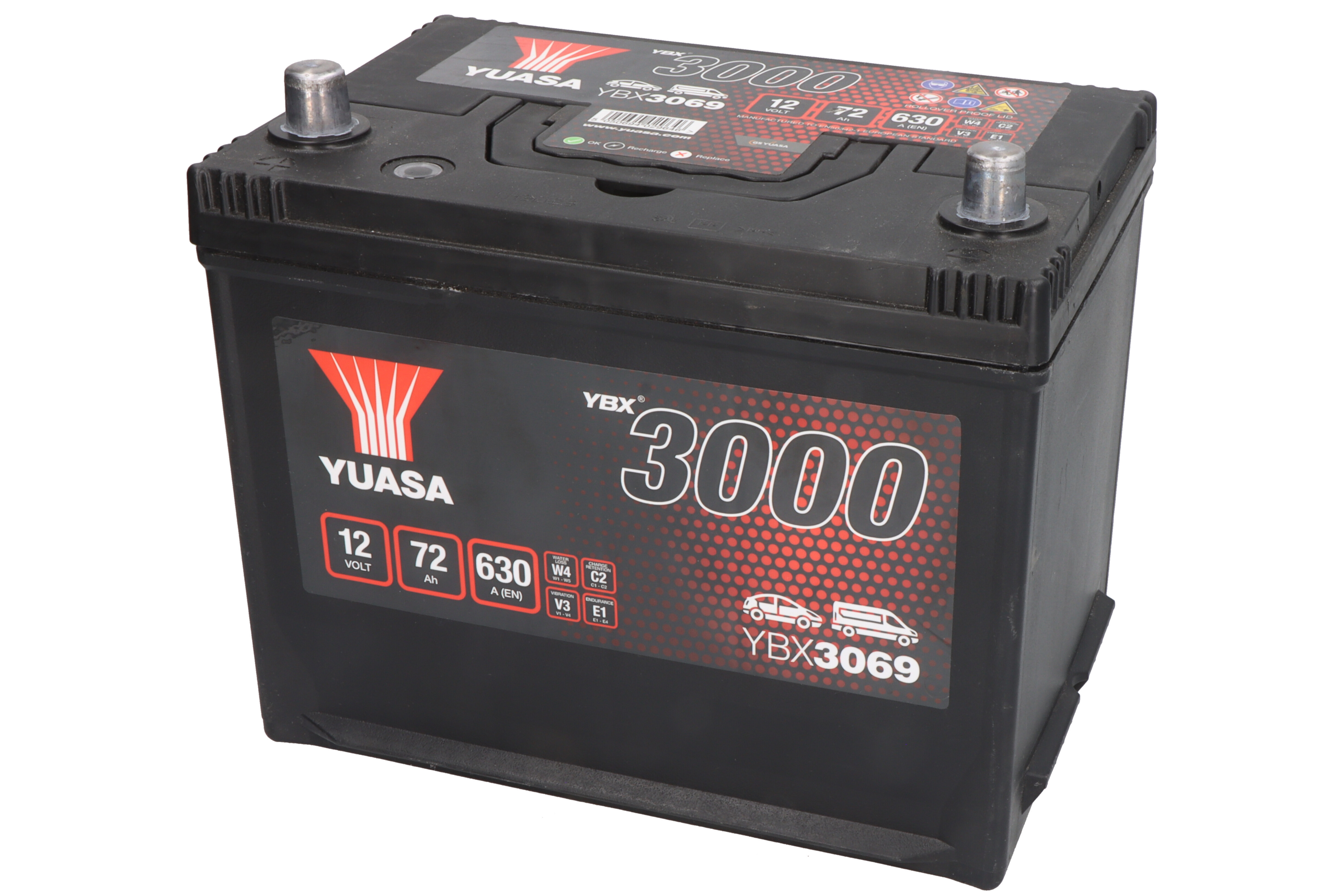 Акумулятор YUASA 12В 72Агод./630А YBX3000 SMF (L+ стандартні клеми) 269x174x223 B9 - монтажний фланець 29мм (пусковий)
