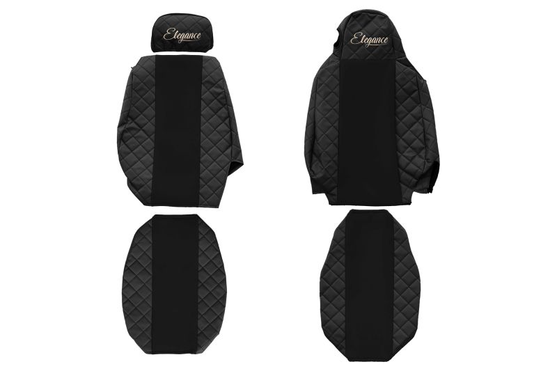 Set Huse Scaune Camion Tir SCANIA R I din 2004-2019, Auto, Model ELEGANCE Q, Culoare Negru, 4x Stickere auto cu SCANIA