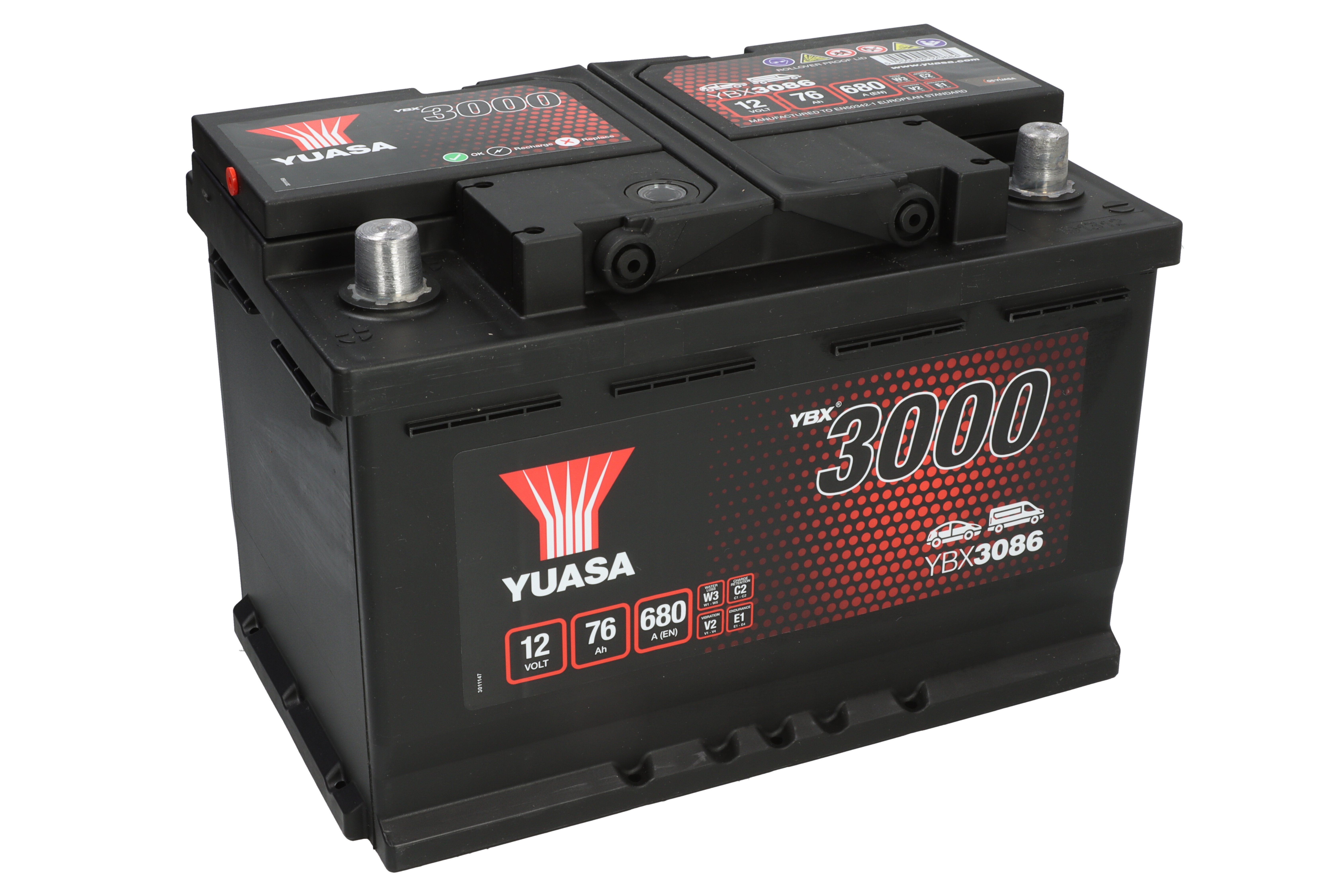 Акумулятор YUASA 12В 76Агод./680А YBX3000 SMF (L+ стандартні клеми) 278x175x190 (пусковий) фото 2