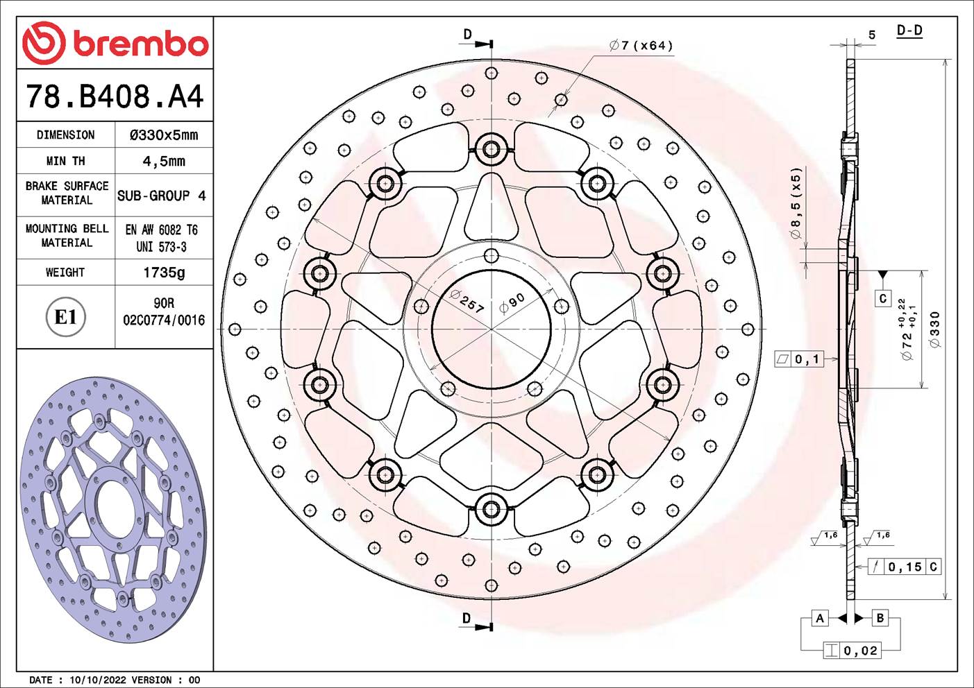 BREMBO brzdový kotouč DUCATI MONSTER 1200 S (STRIPE), S, R, 25 ANNIVERSARIO 14-21, MULTISTRADA 1260S D-AIR, 1260S GRAND TOUR, 1260S, 1260S PIKES PEAK, 1200S (TOURING ABS), 1260 ENDURO, 1200S D-AIR 15-22