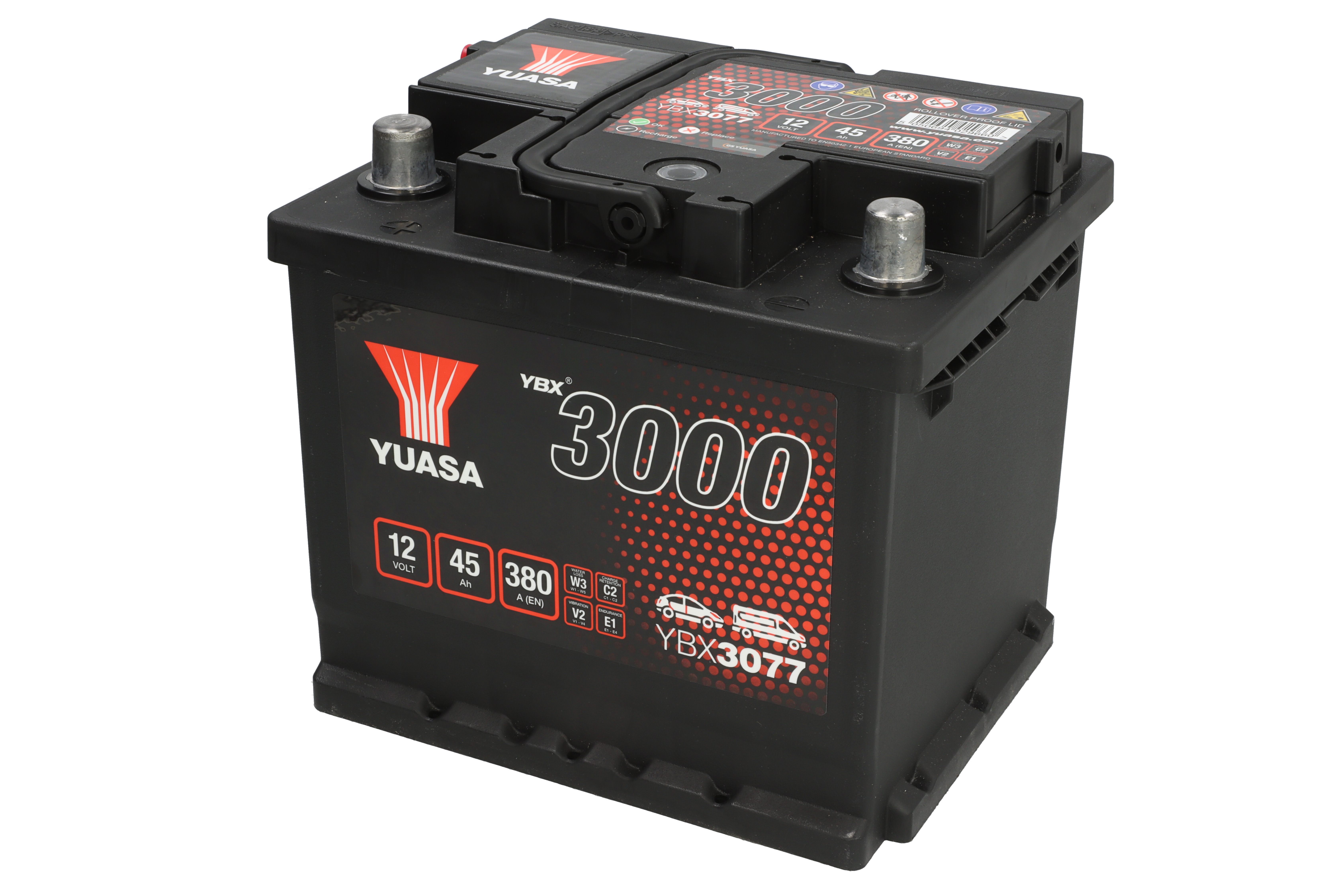 Акумулятор YUASA 12В 45Агод./380А YBX3000 SMF (L+ стандартні клеми) 207x175x190 (пусковий)