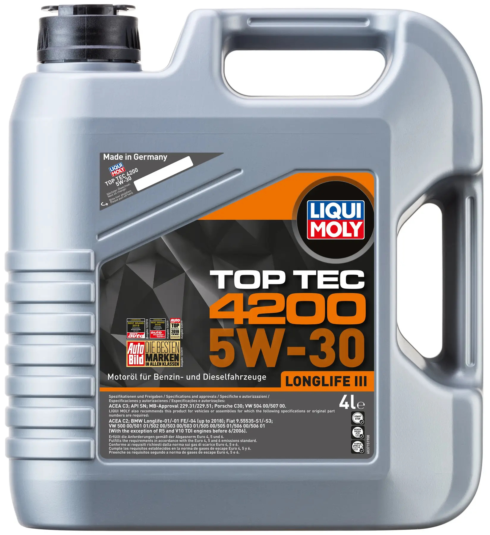 Моторна олива TopTec 4200 (1L) 5W30 ,API SQ, ACEA C3, BMW LL-01 FE model up to END 2018, BMW LL-01 model up to END 2018, BMW LL-04, FIAT 9.55535 S1, FIAT 9.55535 S3, HAVAL, MB 229.31, MB 229.51, MB 22 фото 5