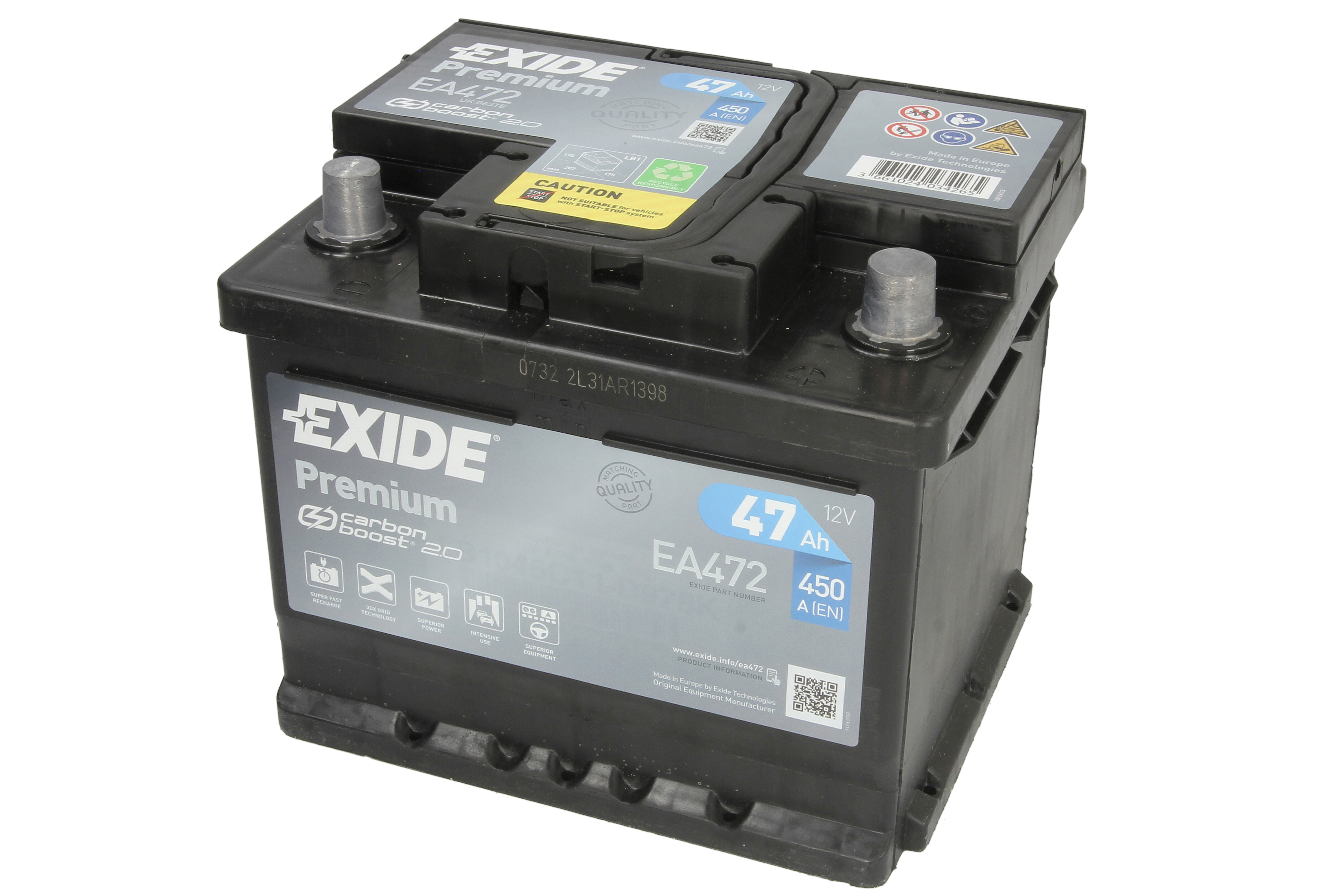 Акумуляторна батарея 47Ah/450A (207x175x175/+R/B13) Premium Exide фото 5
