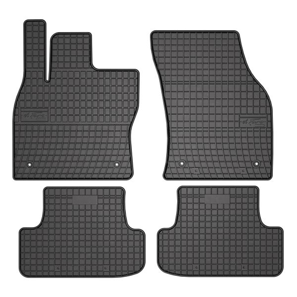 Set 5 covorase auto AUDI Q2 (GAB, GAG) din 2014-2020, cu covoras tunel median, cauciuc, 4x Stickere auto cu AUDI
