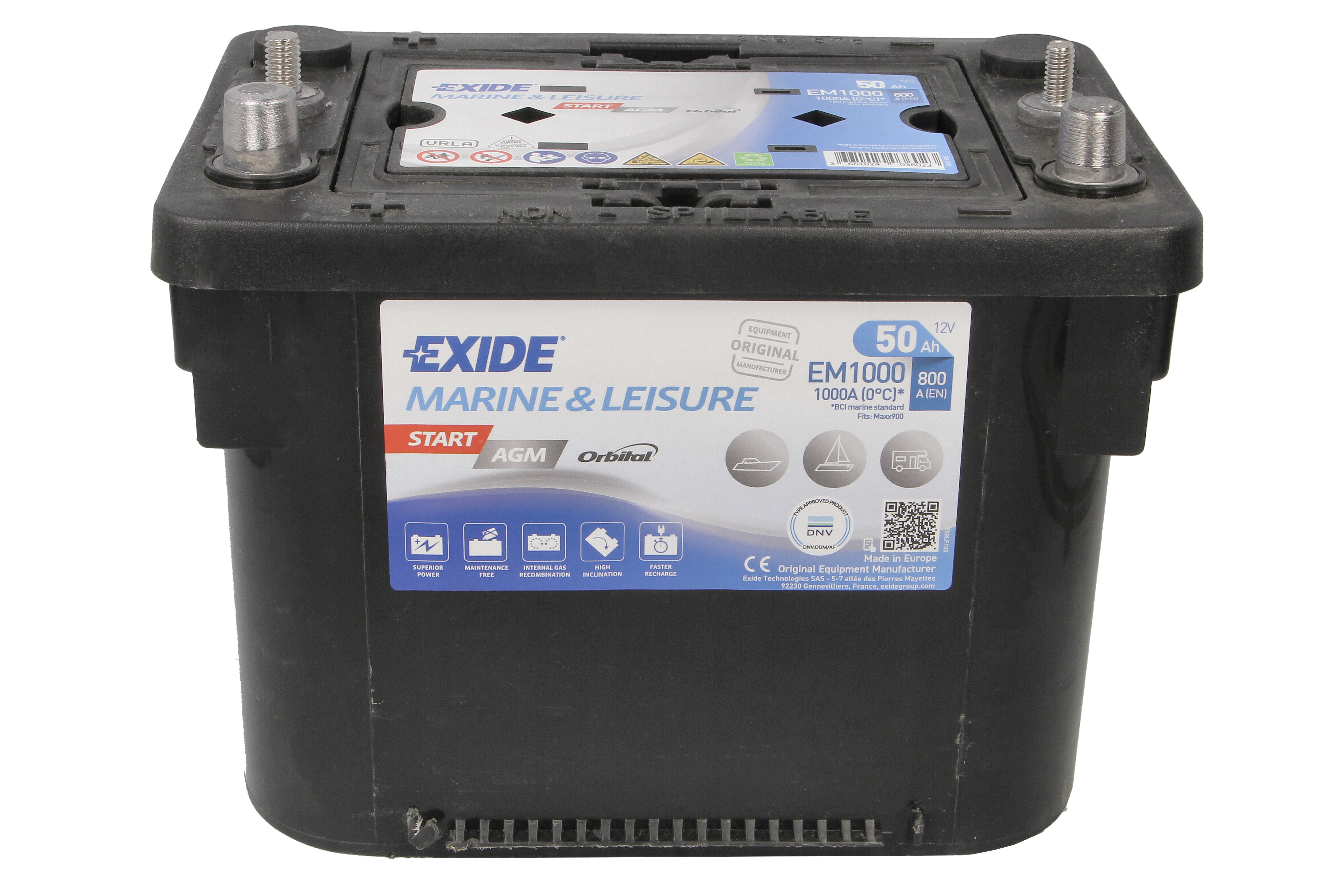 Акумулятор EXIDE 12В 50Агод./800А MARINE/RV, START AGM (L+ стандартні клеми + різьба) 260x173x206 (agm) фото 2