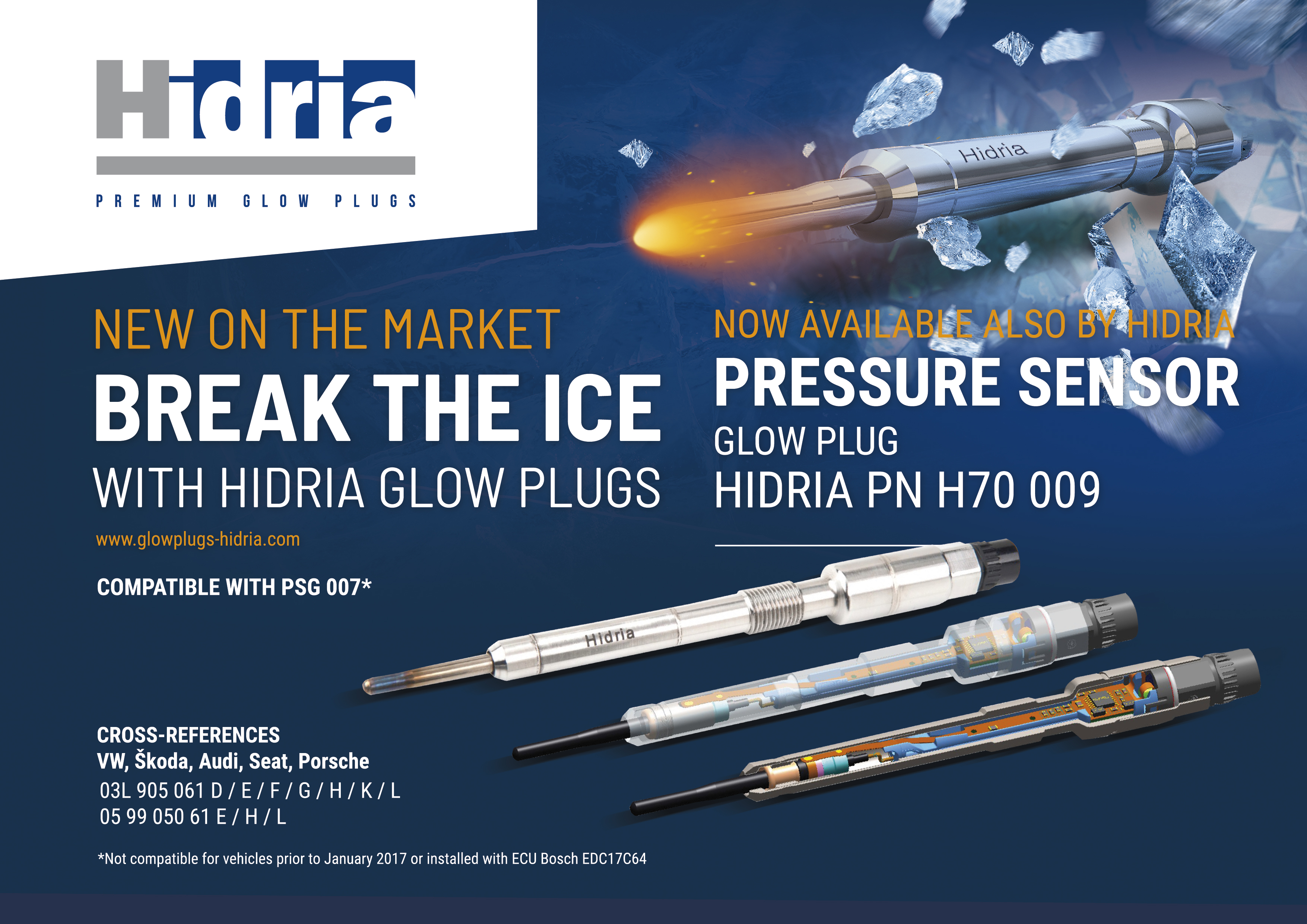 (EN) Glow plug with pressure sensor MAN TGE, AUDI A1, A3, A4 ALLROAD B8, A4 ALLROAD B9, A4 B8, A4 B9, A5, A6 ALLROAD C7, A6 C7, A7, A8 D4, Q2, Q3, Q5, Q7, TT, SEAT ALHAMBRA 0.8DH-3.0D 11.04-