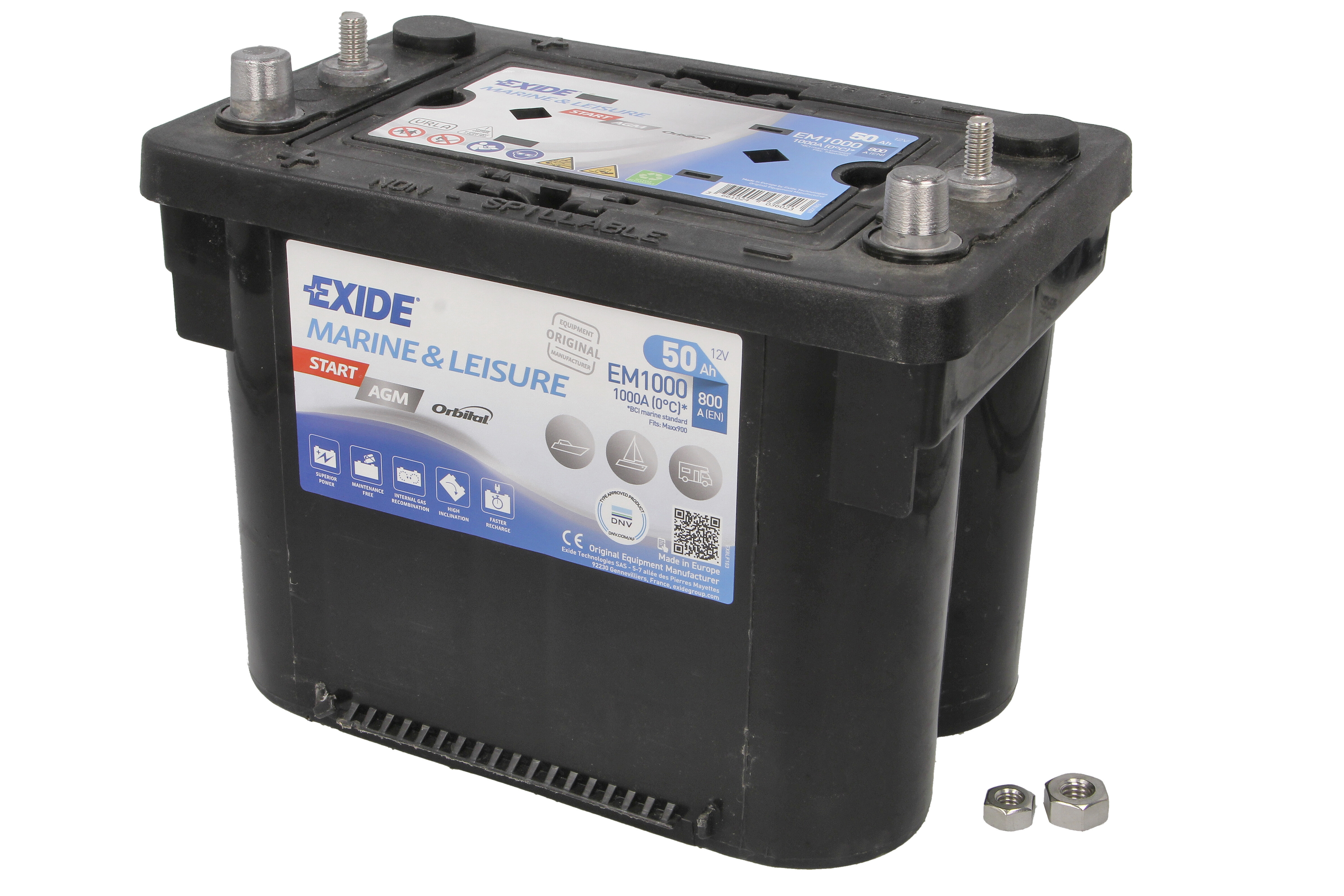 Акумулятор EXIDE 12В 50Агод./800А MARINE/RV, START AGM (L+ стандартні клеми + різьба) 260x173x206 (agm)