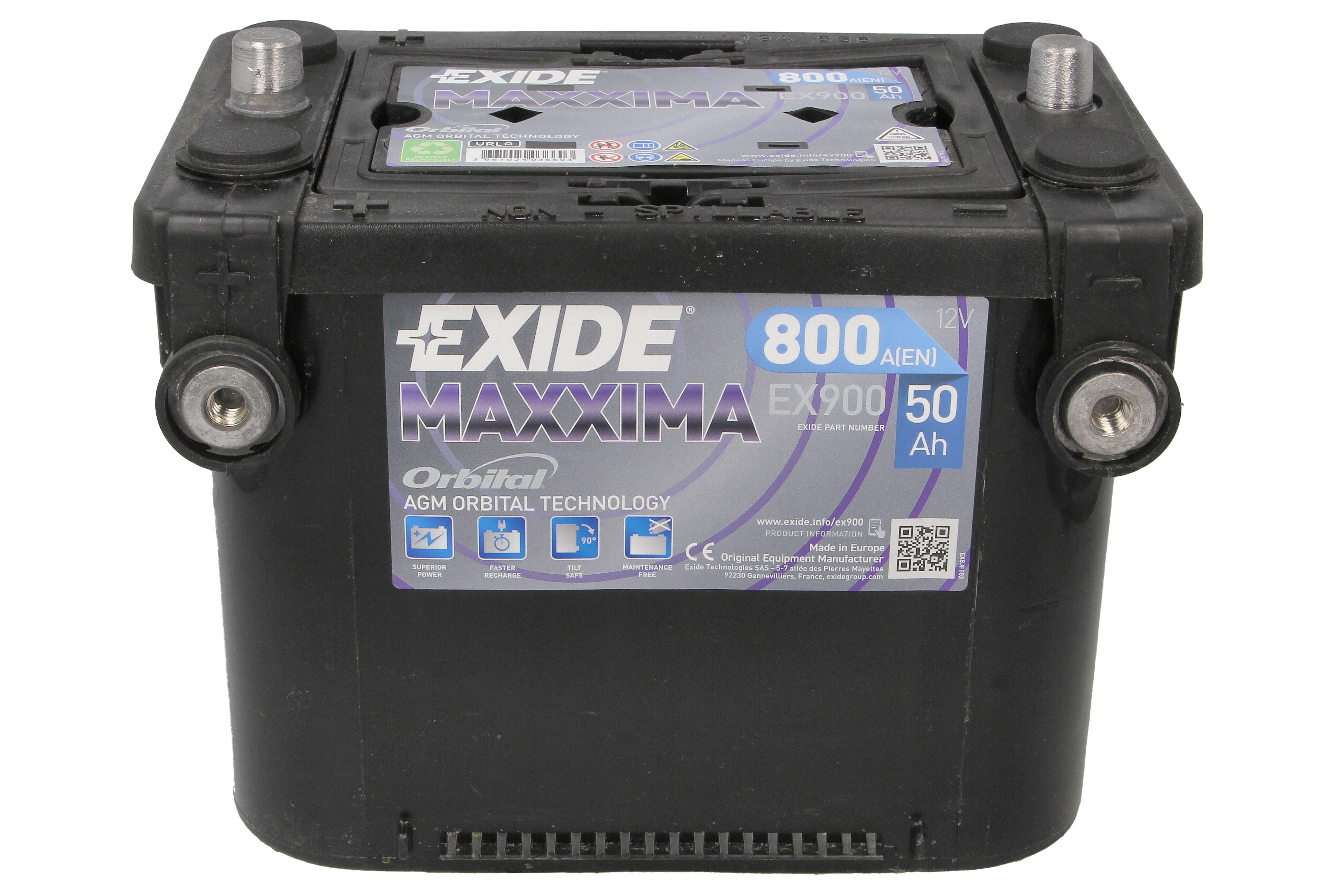 Акумулятор EXIDE 12В 50Агод./800А AGM, MARINE/RV (L+ стандартні клеми + різьба) 260x173x206 B01 - монтажний фланець 10.5мм (пусковий) фото 2