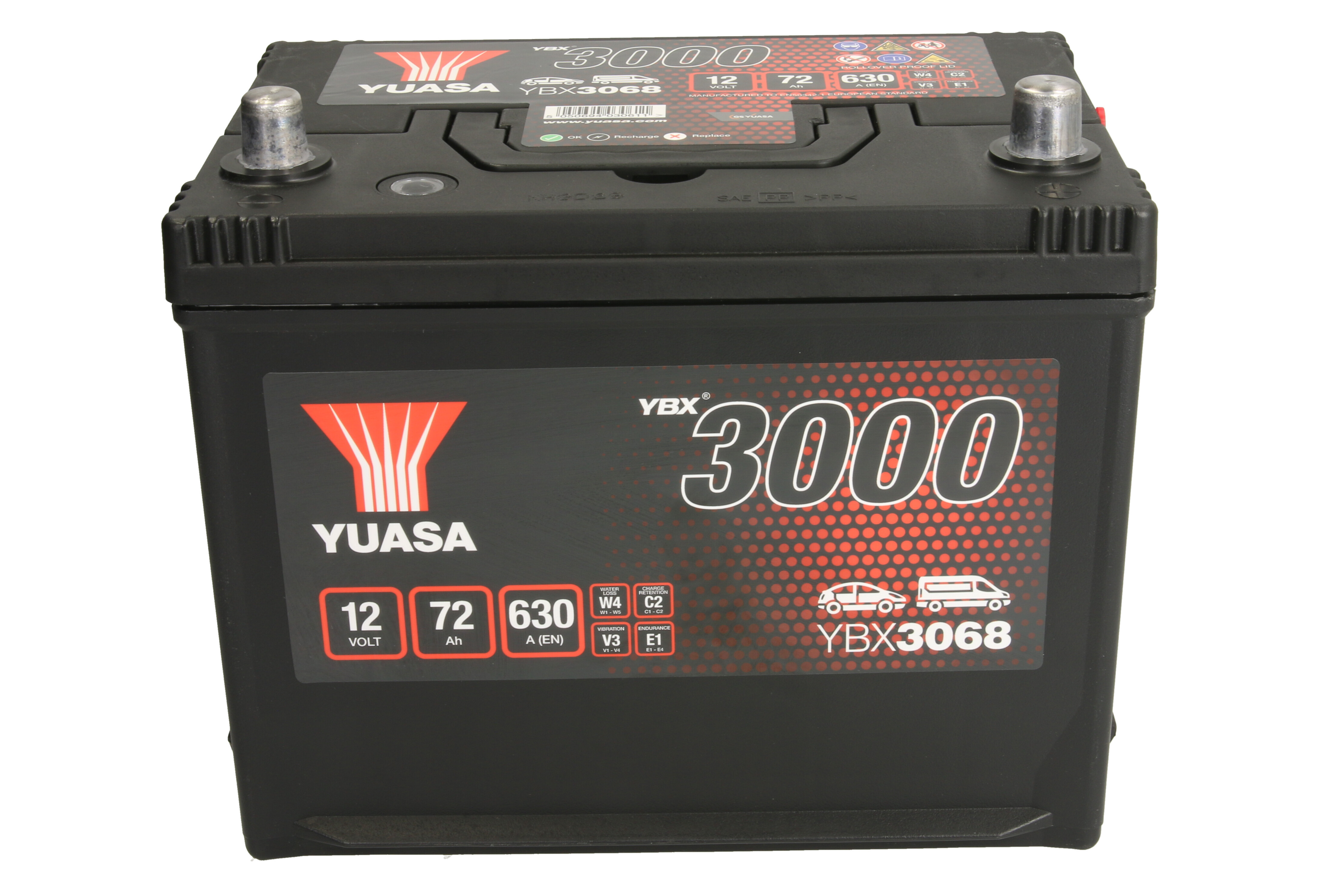Акумулятор YUASA 12В 72Агод./630А YBX3000 SMF (R+ стандартні клеми) 269x174x223 B9 - монтажний фланець 29мм (пусковий) фото 3