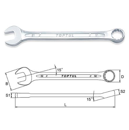 Cheie cleste combinat, drepentru, 36mm, lungime 439 mm, unghi 15°, final satin cromat, Toptul, 1x Breloc