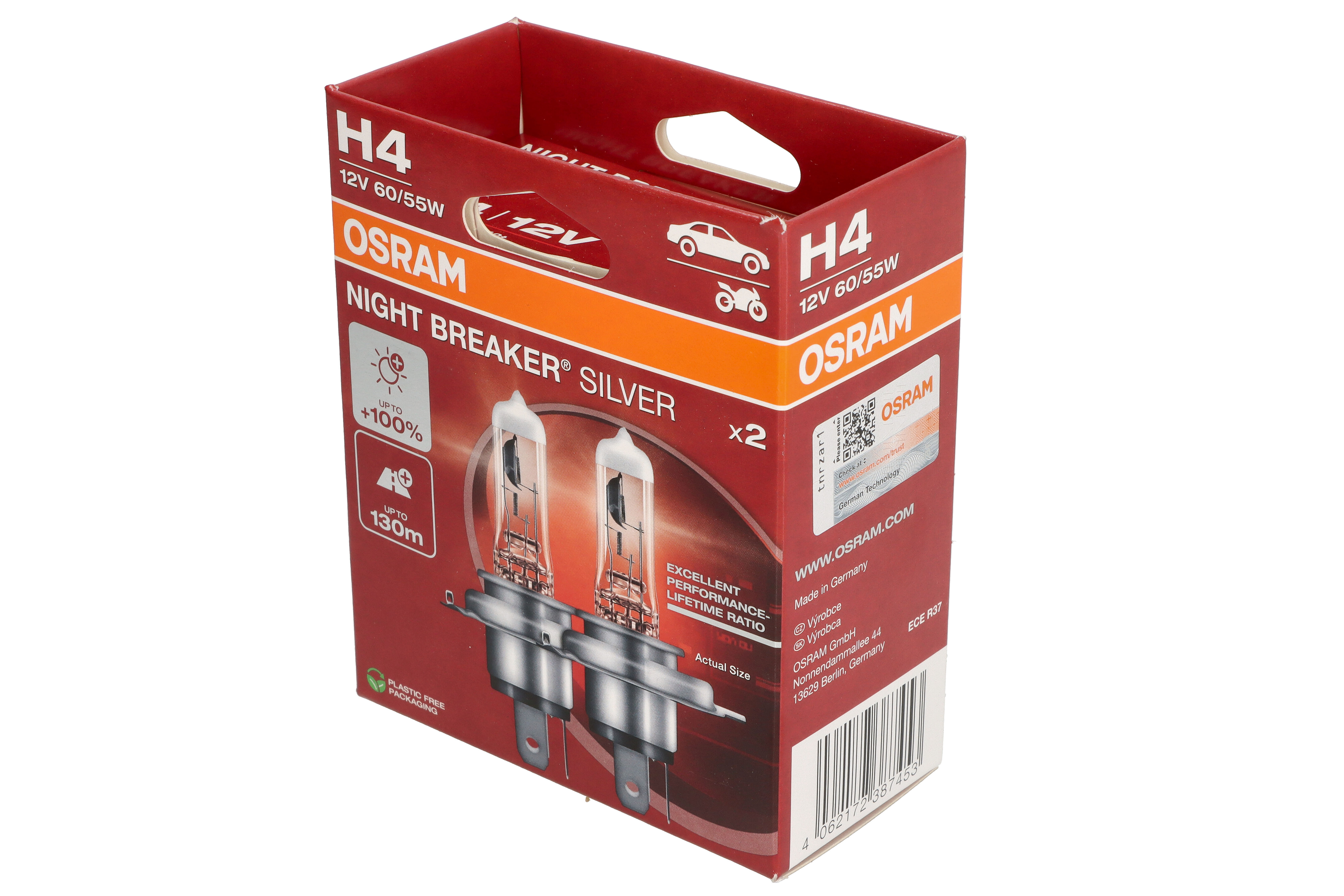 Автолампа галогенова 60/55W H4 12V 60/55W P43T / NIGHT BREAKER® SILVER - НА 100% БІЛЬШЕ СВІТЛ OSRAM (64193NBS-2HB) osram фото 4