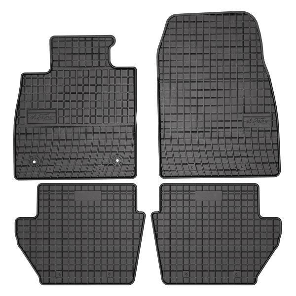 Set 5 covorase auto FORD PUMA (J2K, CF7) din 2009-2016, cu covoras tunel median, cauciuc, 4x Stickere auto cu FORD