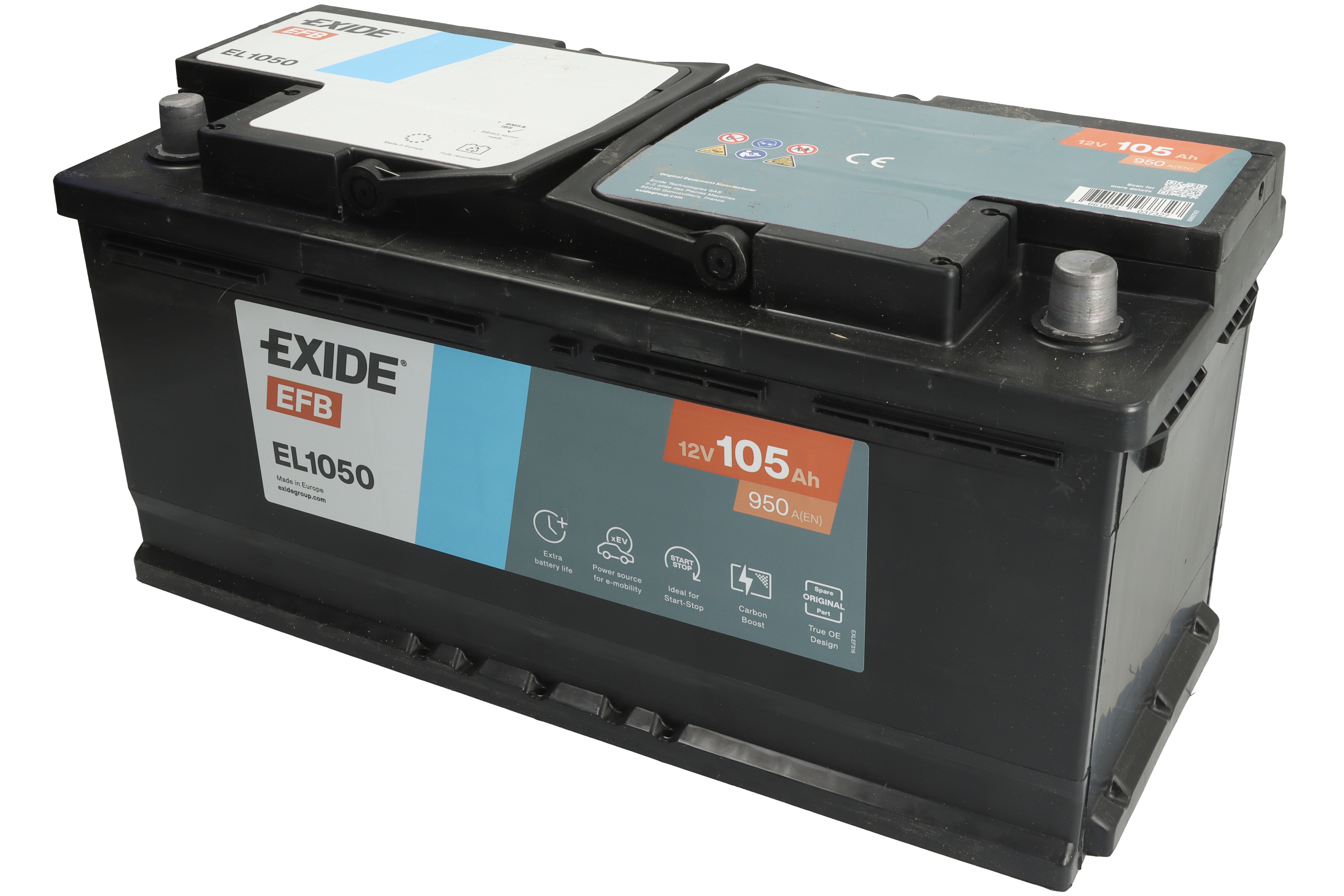 Акумулятор EXIDE 12В 105Агод./950А START&STOP EFB (R+ стандартні клеми) 392x175x190 B13 - монтажний фланець 10.5мм (efb)