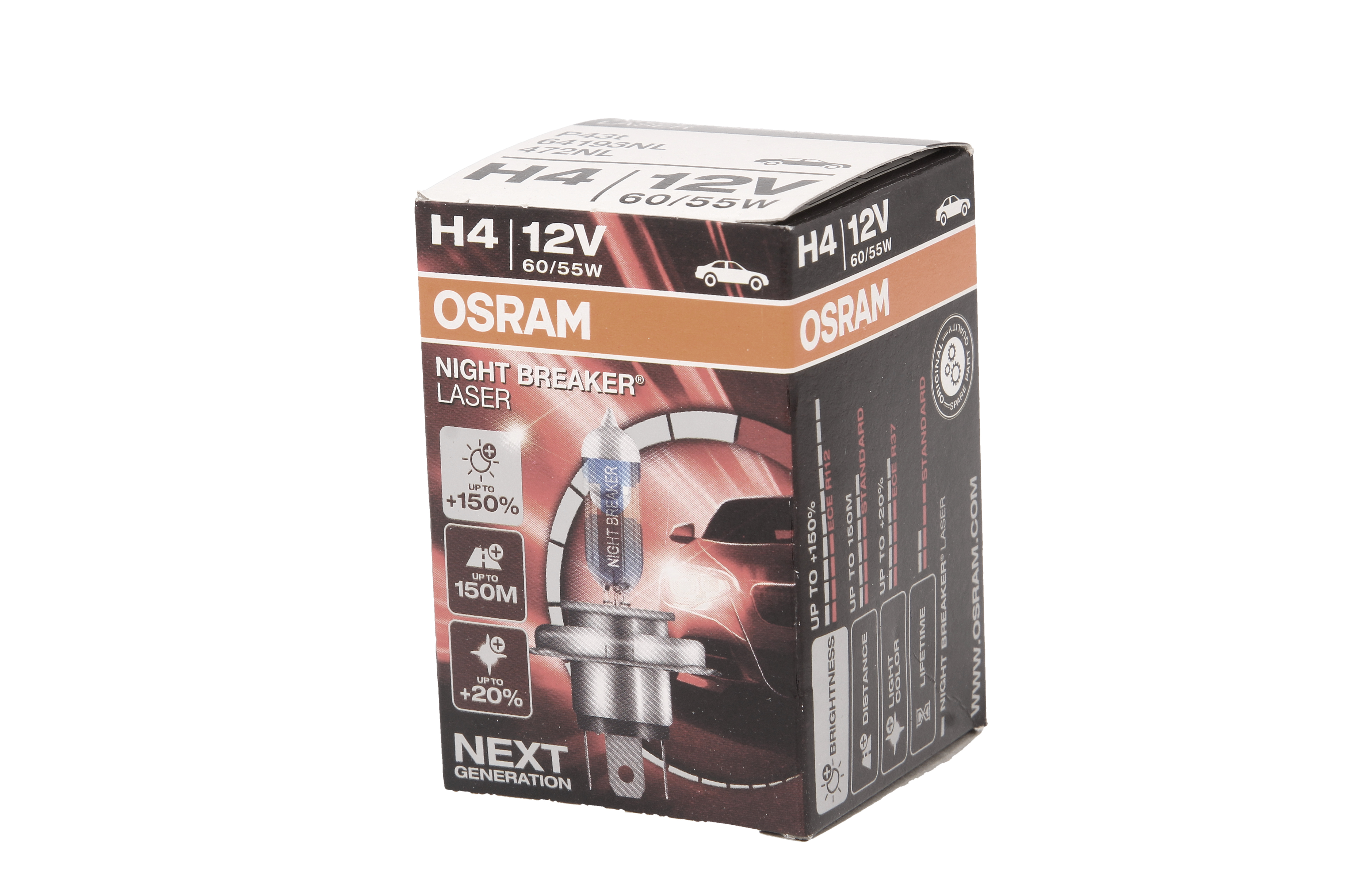 Автолампа галогенова 60/55W H4 12V 60/55W P43T / NIGHT BREAKER® LASER - НА 150% БІЛЬШЕ СВІТЛА OSRAM (64193NL) osram фото 3