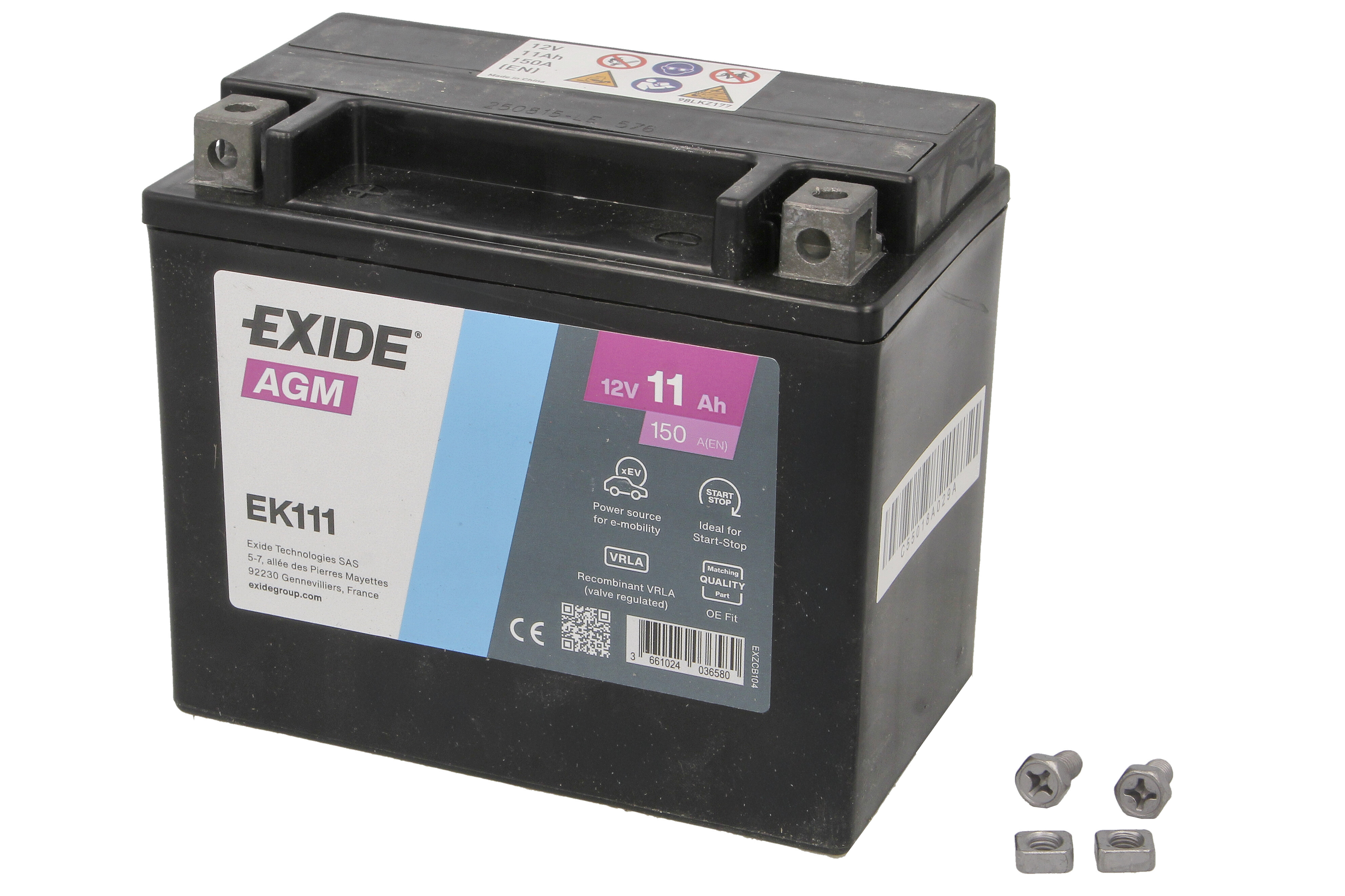 Акумулятор EXIDE 12В 11Агод./150А AGM (L+ стандартні клеми) 150x90x130 B00 - без монтажного фланця (agm)