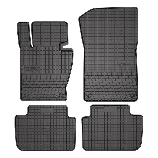 Set 5 covorase auto BMW Seria X3 (E83) din 2010-2015, cu covoras tunel median, cauciuc, 4x Stickere auto cu BMW
