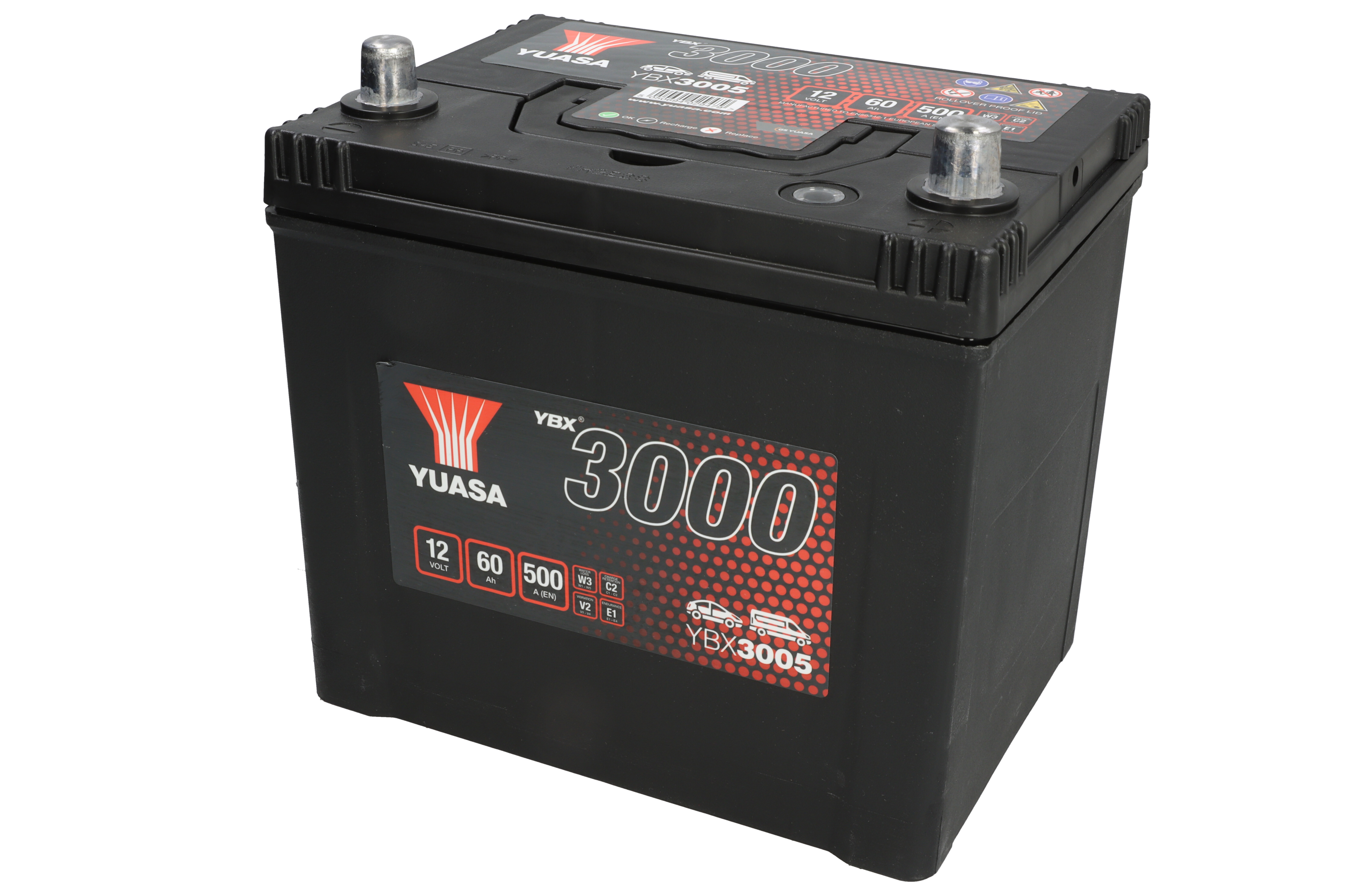 Акумулятор YUASA 12В 60Агод./500А YBX3000 SMF (R+ стандартні клеми) 232x173x225 B00 - без монтажного фланця (пусковий)