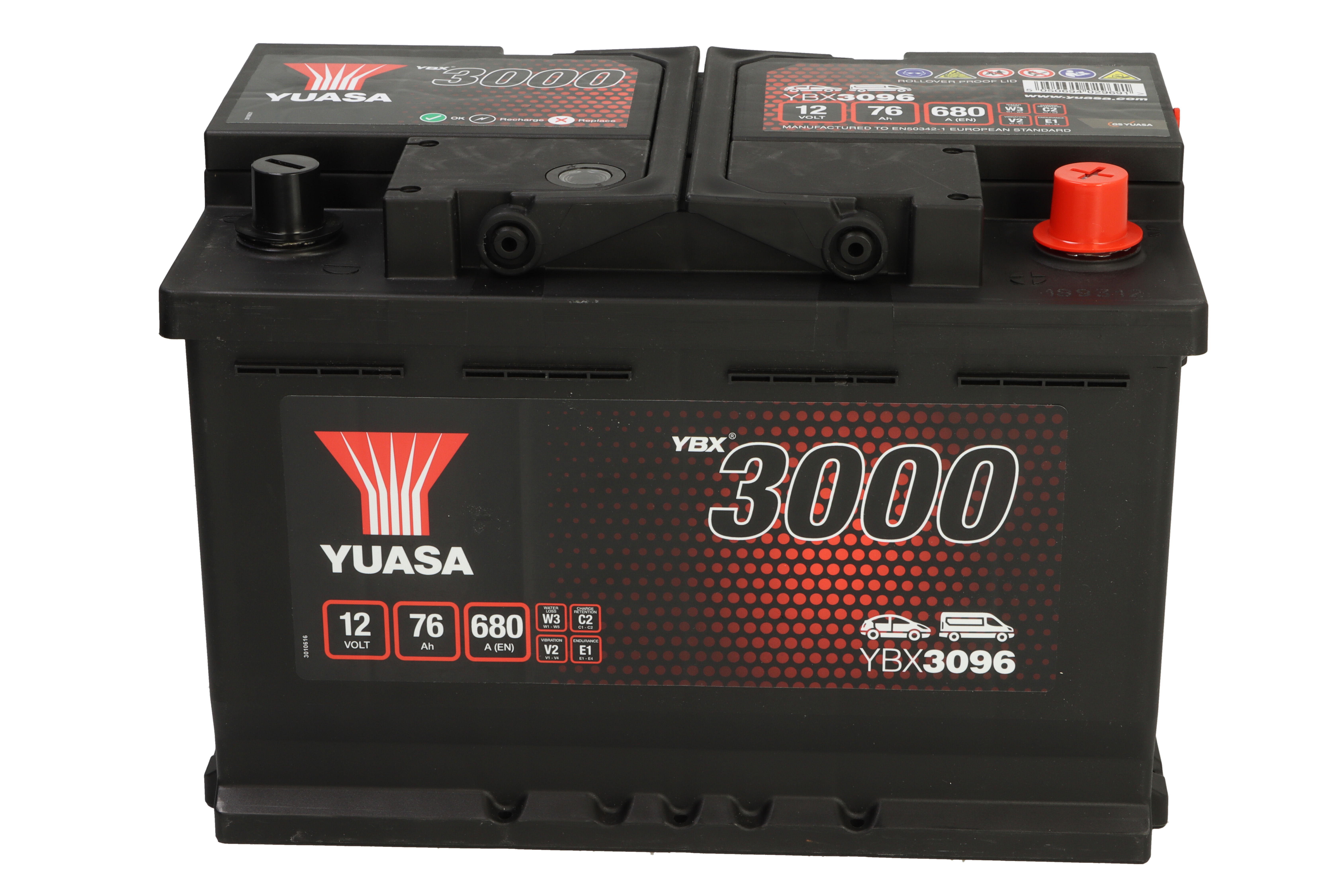Акумулятор YUASA 12В 76Агод./680А YBX3000 SMF (R+ стандартні клеми) 278x175x190 (пусковий) фото 3