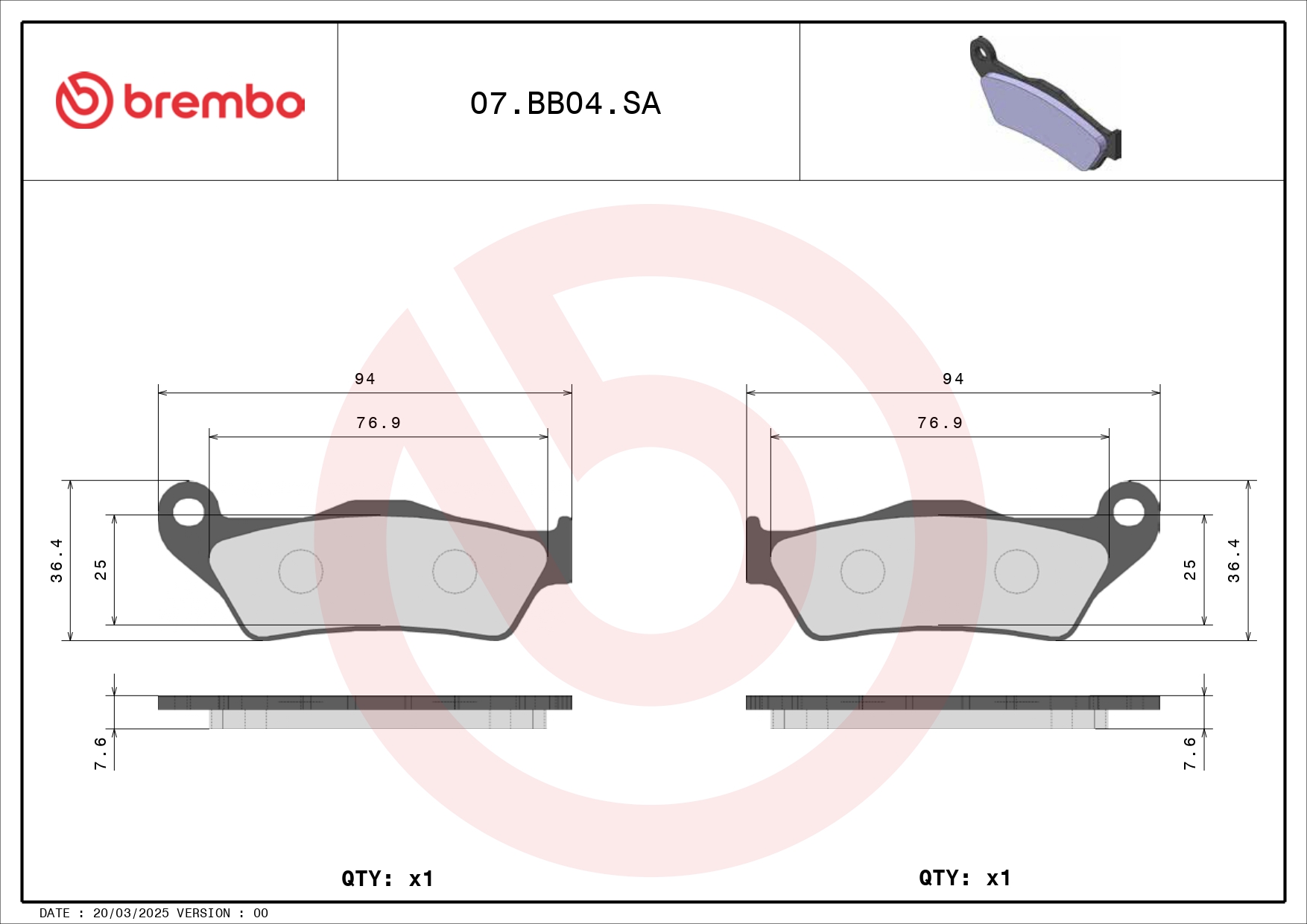 BREMBO sada brzdových destiček, kotoučová brzda APRILIA MX 125 04-07, PEGASO 650 96-00, RST 1000 (MILLE FUTURA) 01-04, CAGIVA ELEFANT 750 E (LUCKY EXPL.) 94-97, DUCATI MONSTER 696, 800S2R 07, MULTISTRADA 620 (DARK) 05-06, GAS GAS EC 300, 125, 250 99, ENDU