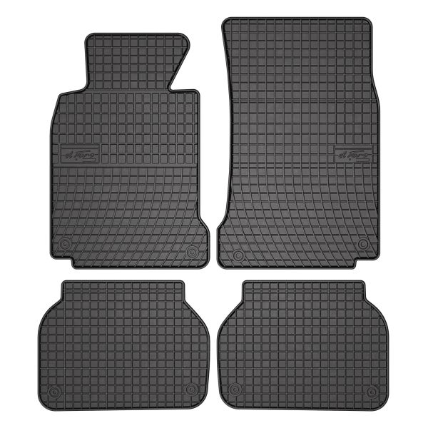 Set 5 covorase auto BMW Seria 5 (E39) din 2016-2020, cu covoras tunel median, cauciuc, 4x Stickere auto cu BMW