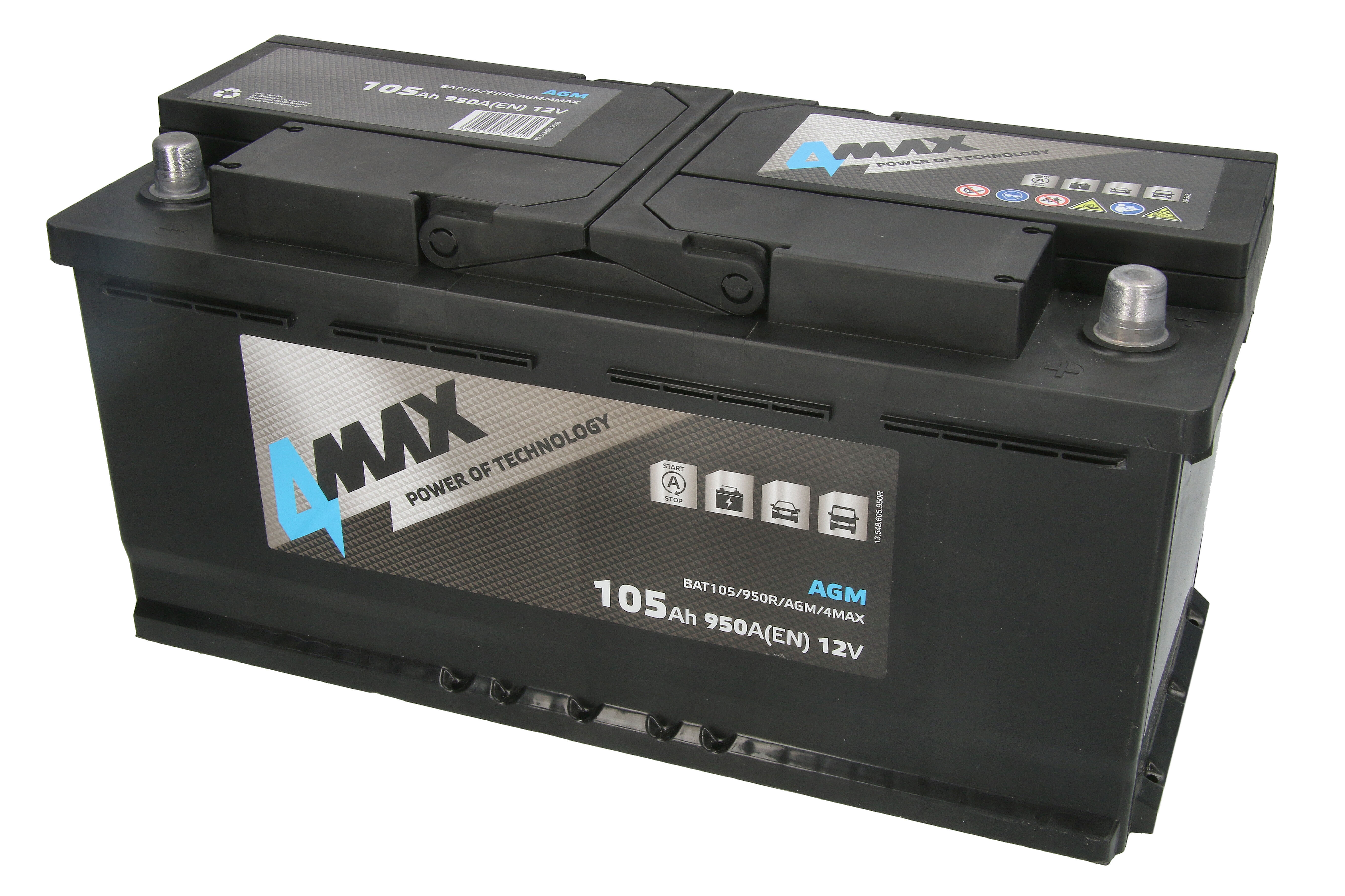 Акумулятор 4MAX 12В 105Агод./950А START&STOP AGM (R+ стандартні клеми) 394x175x190 B13 (пусковий/agm)