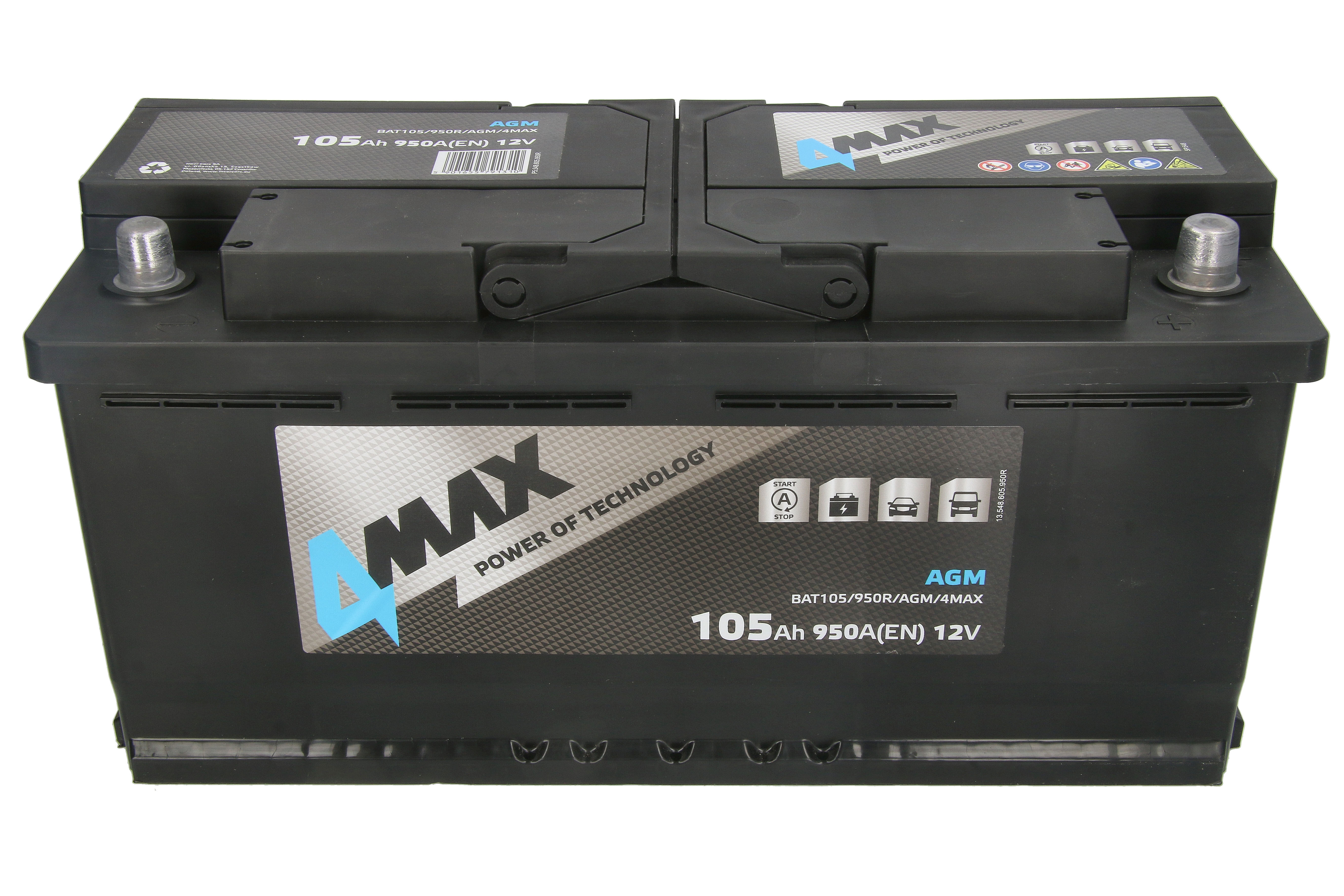 Акумулятор 4MAX 12В 105Агод./950А START&STOP AGM (R+ стандартні клеми) 394x175x190 B13 (пусковий/agm) фото 3
