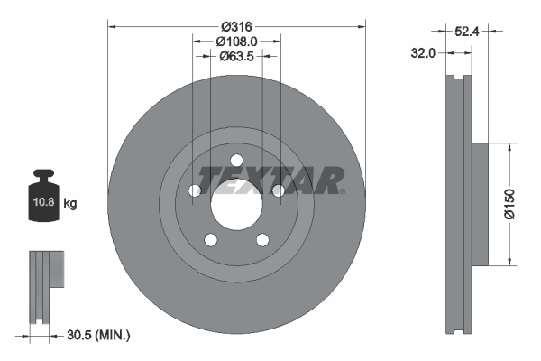 Disc frana fata textar ventilat intern ford galaxy iii s-max usa edge 316mm 5 gauri 63.5mm 32mm grosime 52.4mm inaltime