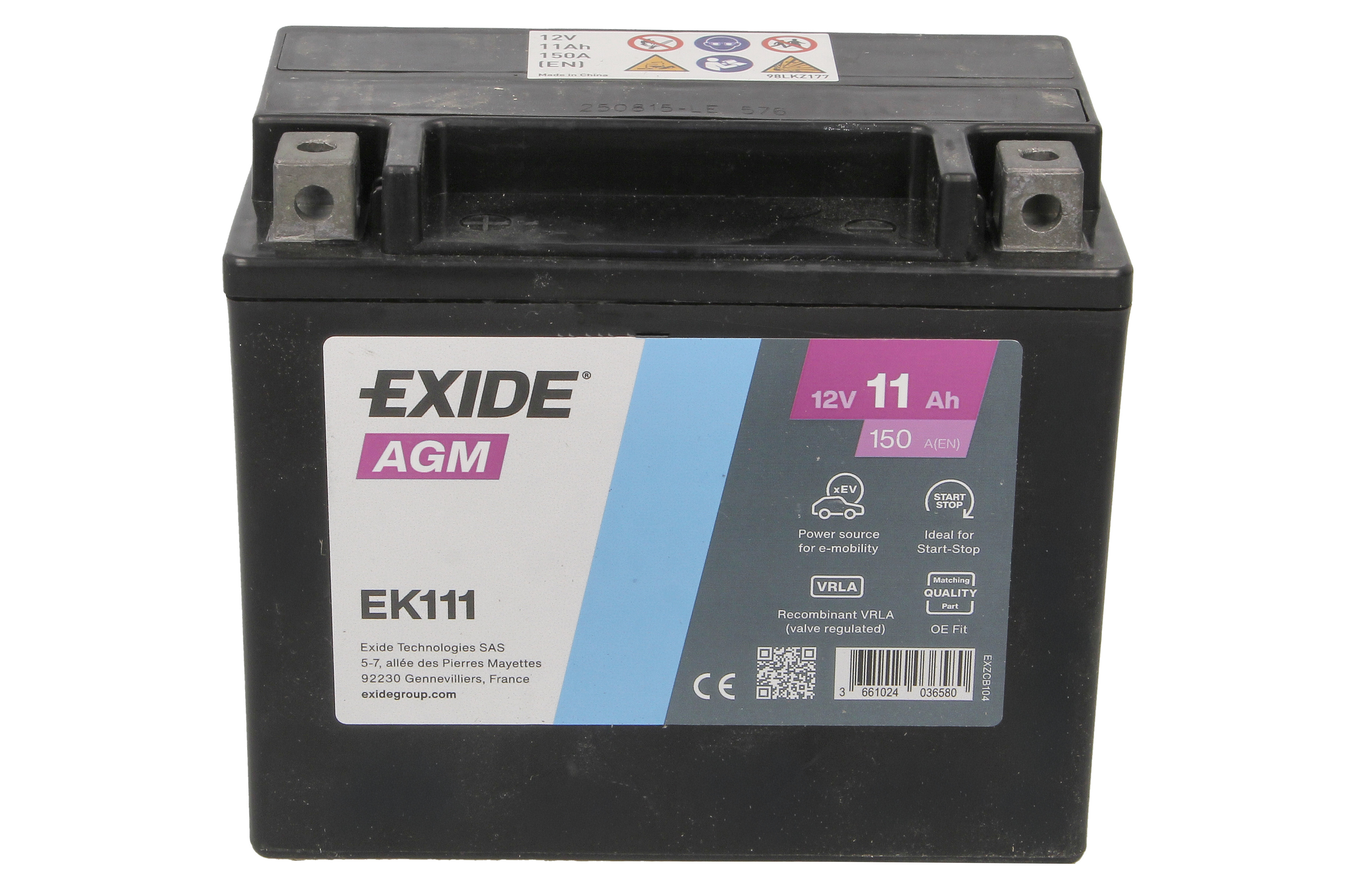 Акумулятор EXIDE 12В 11Агод./150А AGM (L+ стандартні клеми) 150x90x130 B00 - без монтажного фланця (agm) фото 2