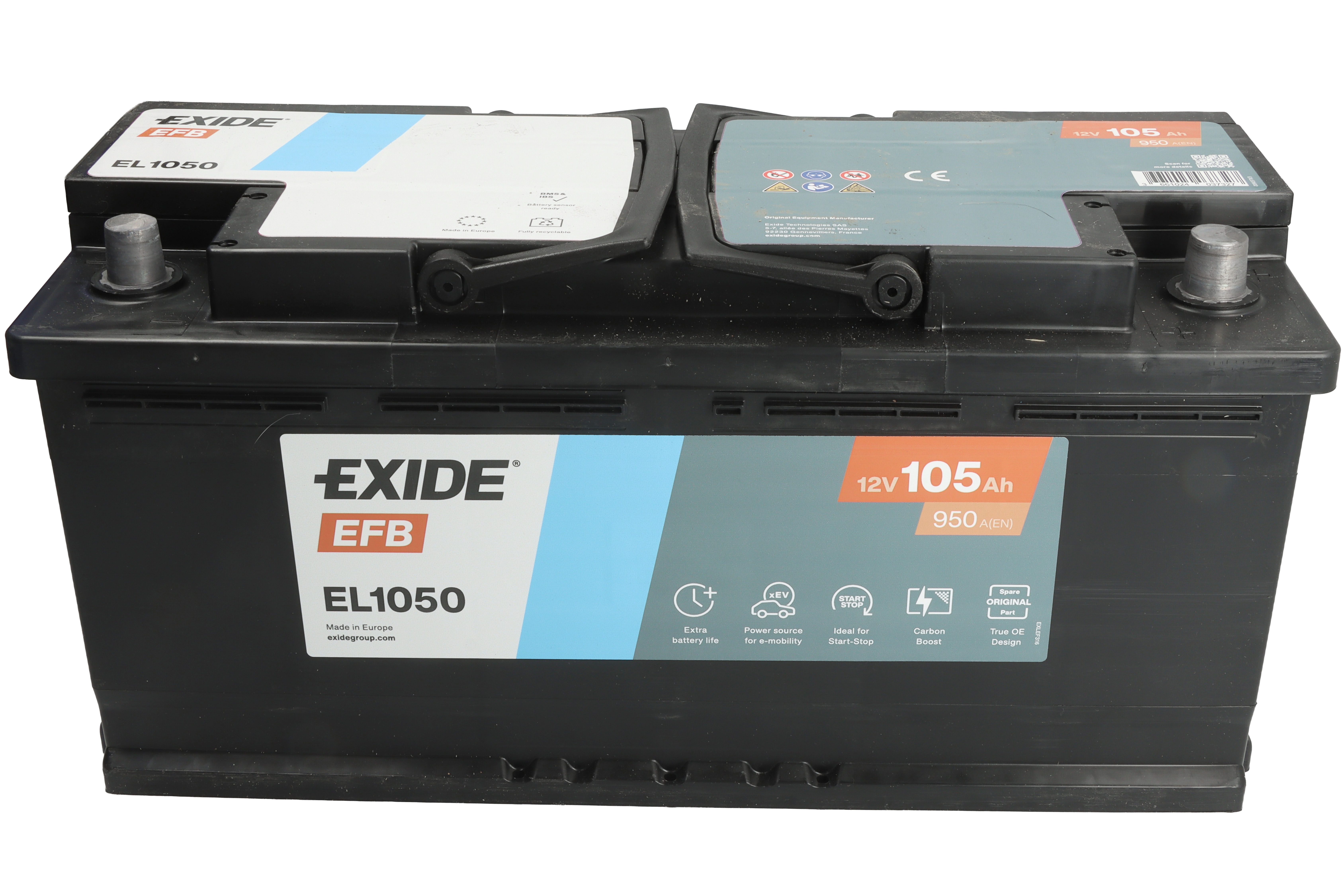 Акумулятор EXIDE 12В 105Агод./950А START&STOP EFB (R+ стандартні клеми) 392x175x190 B13 - монтажний фланець 10.5мм (efb) фото 2