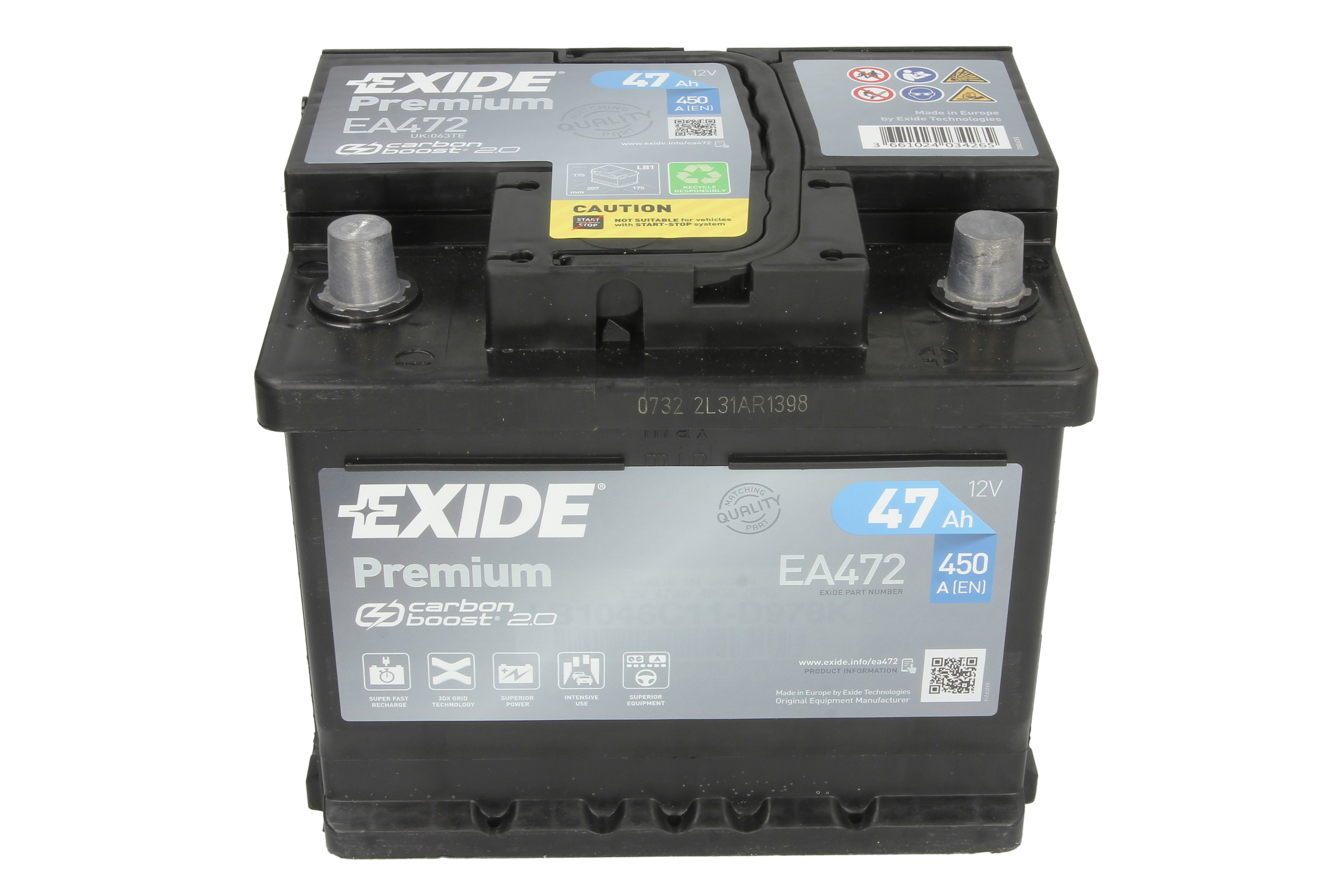 Акумуляторна батарея 47Ah/450A (207x175x175/+R/B13) Premium Exide фото 7