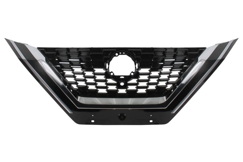 Grila radiator (cu dungi crom; cu orificiu camera, negru) potrivit NISSAN QASHQAI III J12 04.21-