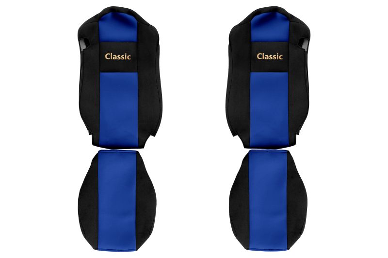 Set Huse Scaune Camion Tir MERCEDES-BENZ ACTROS MP4 / MP5 din 2011-2024, Auto, Model CLASSIC, Culoare Albastru, 4x Stickere auto cu MERCEDES-BENZ