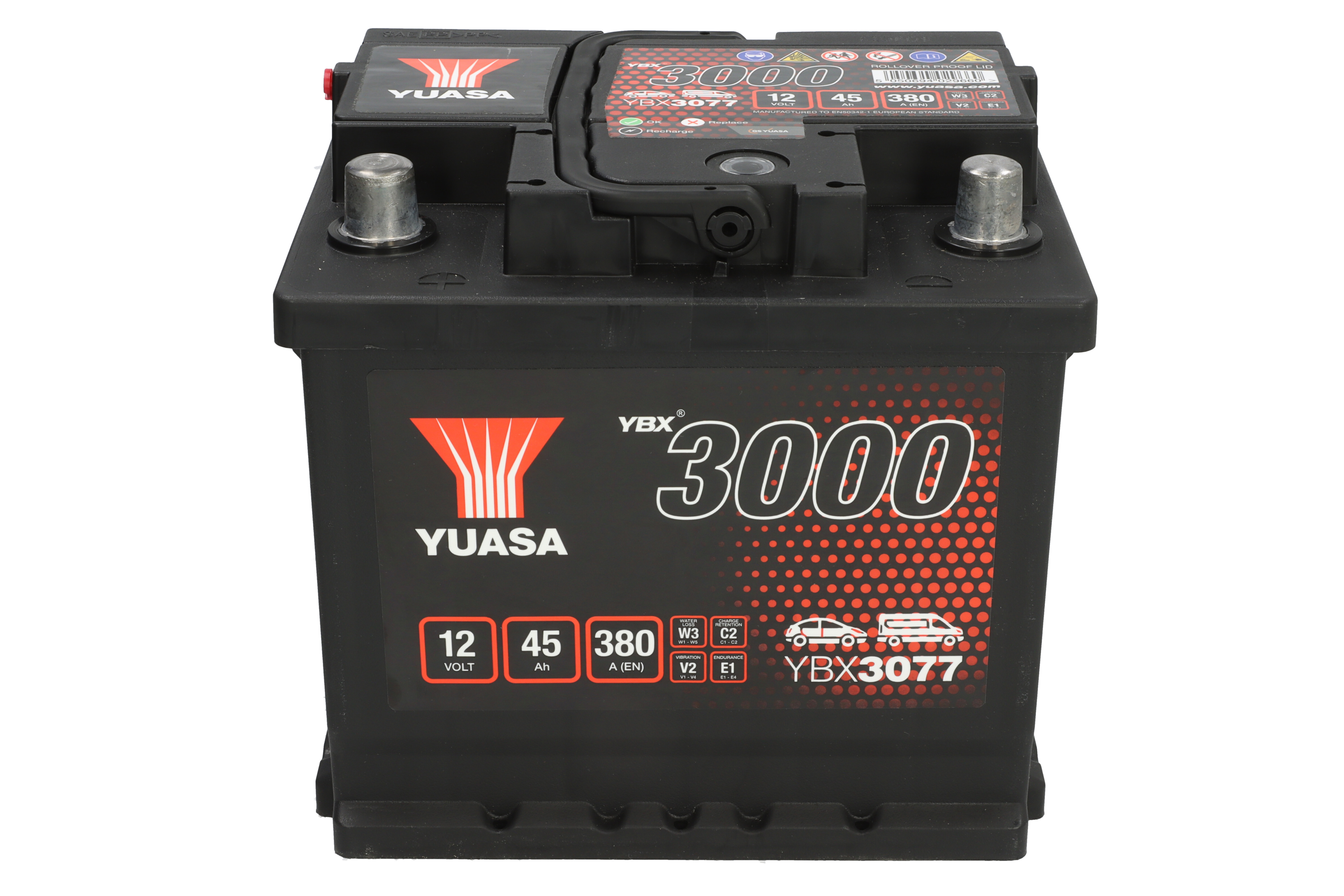 Акумулятор YUASA 12В 45Агод./380А YBX3000 SMF (L+ стандартні клеми) 207x175x190 (пусковий) фото 3