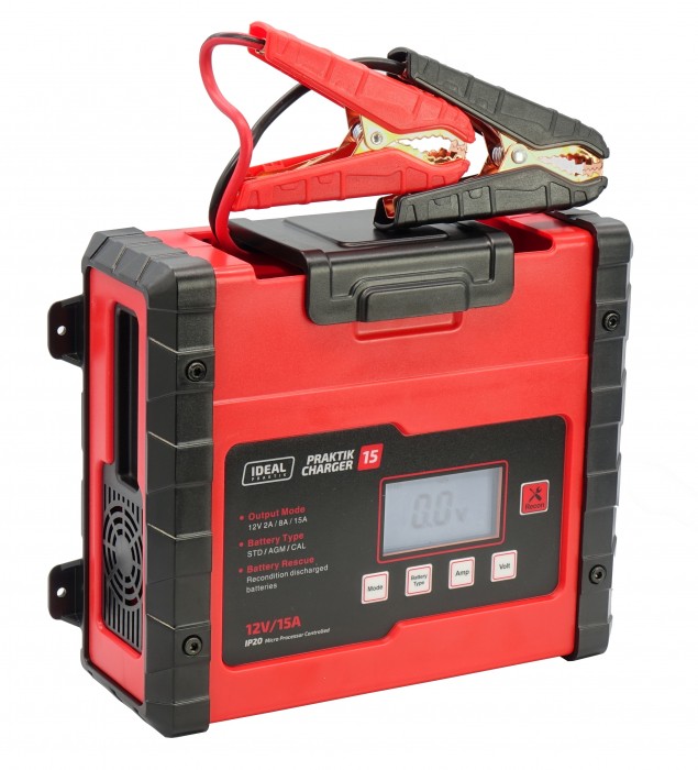 (EN) Battery charger PRAKTIK CHARGER 15 LCD, напруга зарядки: 12 В, зарядний струм: 2/8/15А, напруга джерела живлення: 230В, тип аккумулятора: AGM/EFB/GEL/MF/WET