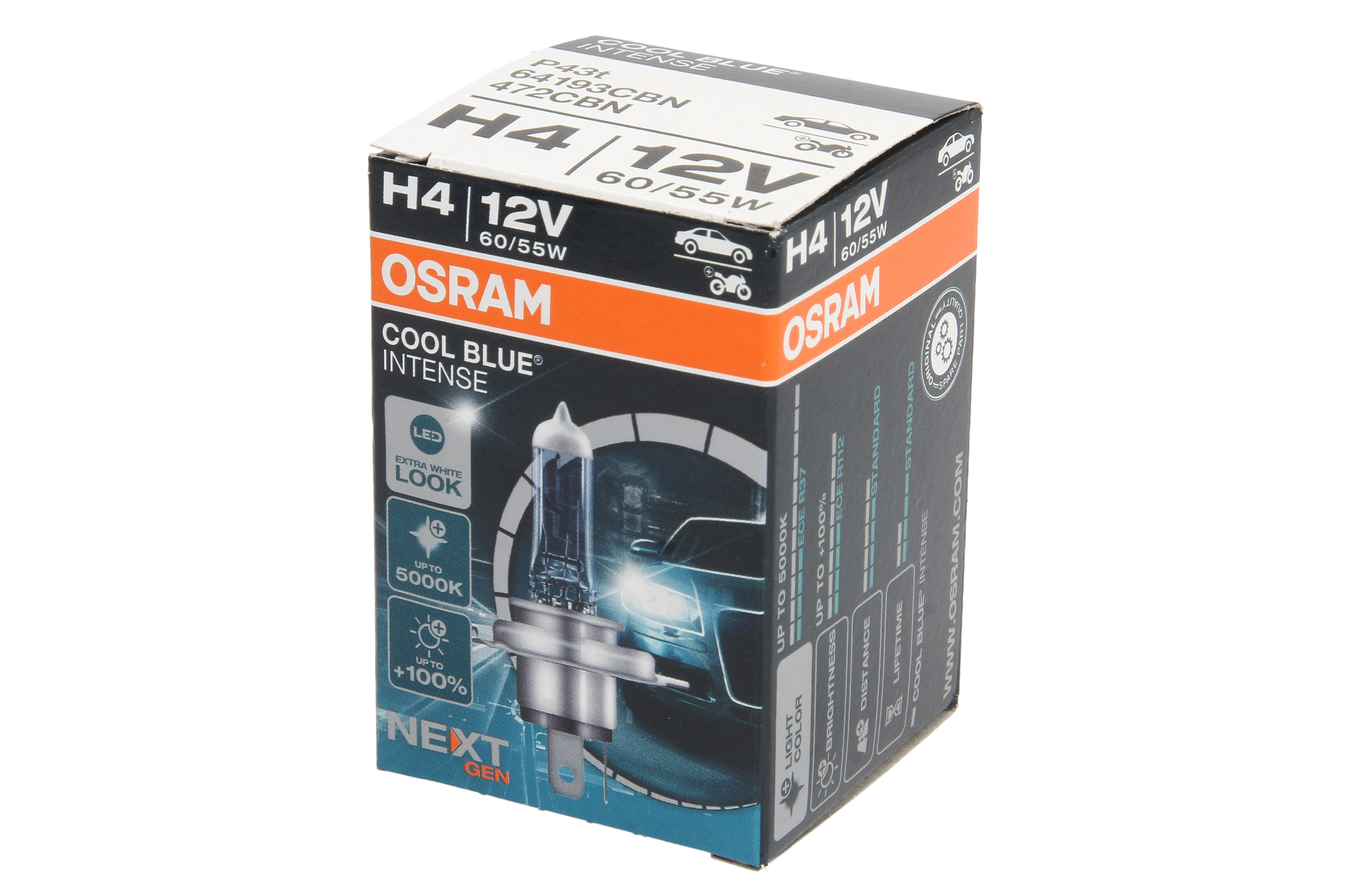 Автолампа галогенова 60/55W H4 12V 60/55W 5000K P43T / COOL BLUE INTENSE NEXT GEN - НА 100% Б OSRAM (64193CBN) osram фото 4