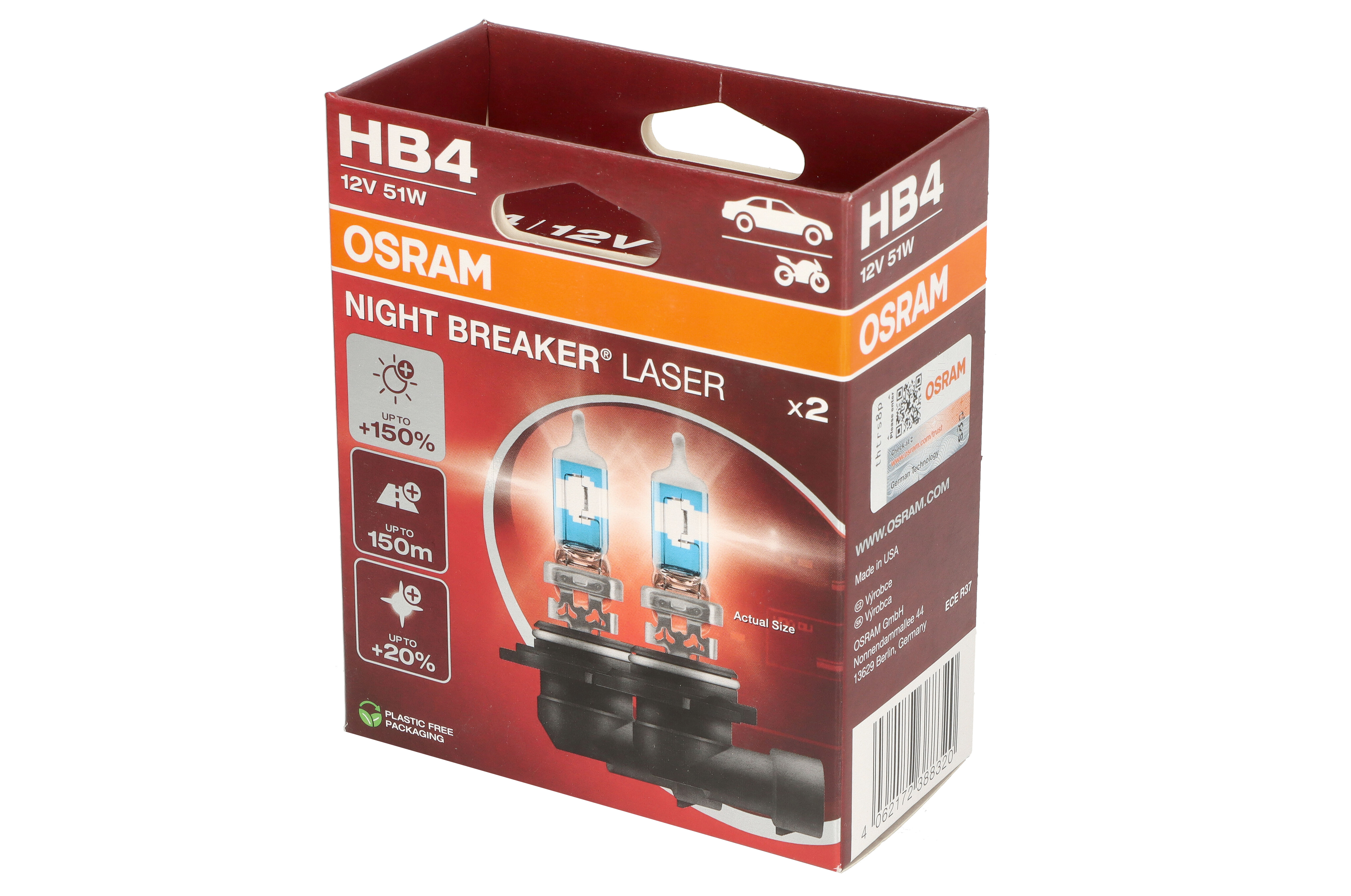 Лампа (Набір 2шт) HB4 12В 51Вт P22D (EN) up to 150% greater brightness, (EN) up to 150m light beam, (EN) up to 20% whiter light Night Breaker Laser, Білий фото 2